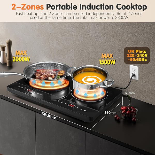 KICHPOWER Double Induction Hob, Portable Induction Cooker, Black Glass Plate, 2800W, Independent Touch Control, 8 to10 Power Levels,10 Temperature Setting, 3 Hour Timer, Child Safety Lock, with Plug - 2