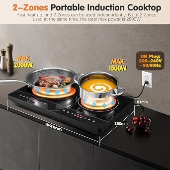 Double Induction Hob, Portable Induction Cooker, Black Glass Plate, 2800W, Independent Touch Control, 8 to10 Power Levels,10 Temperature Setting, 3 Hour Timer, Child Safety Lock, with Plug