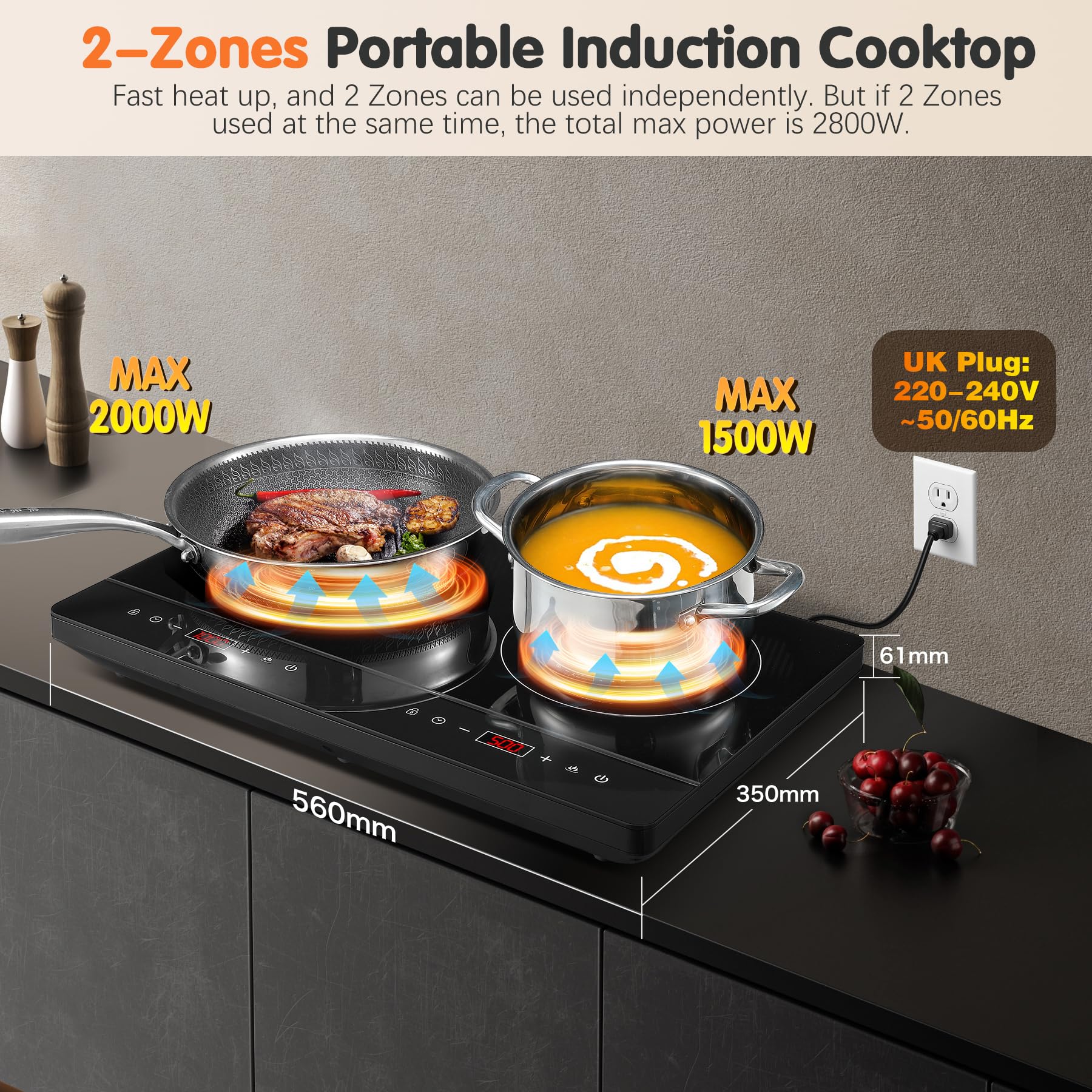 KICHPOWER Double Induction Hob, Portable Induction Cooker, Black Glass Plate, 2800W, Independent Touch Control, 8 to10 Power Levels,10 Temperature Setting, 3 Hour Timer, Child Safety Lock, with Plug — view 2