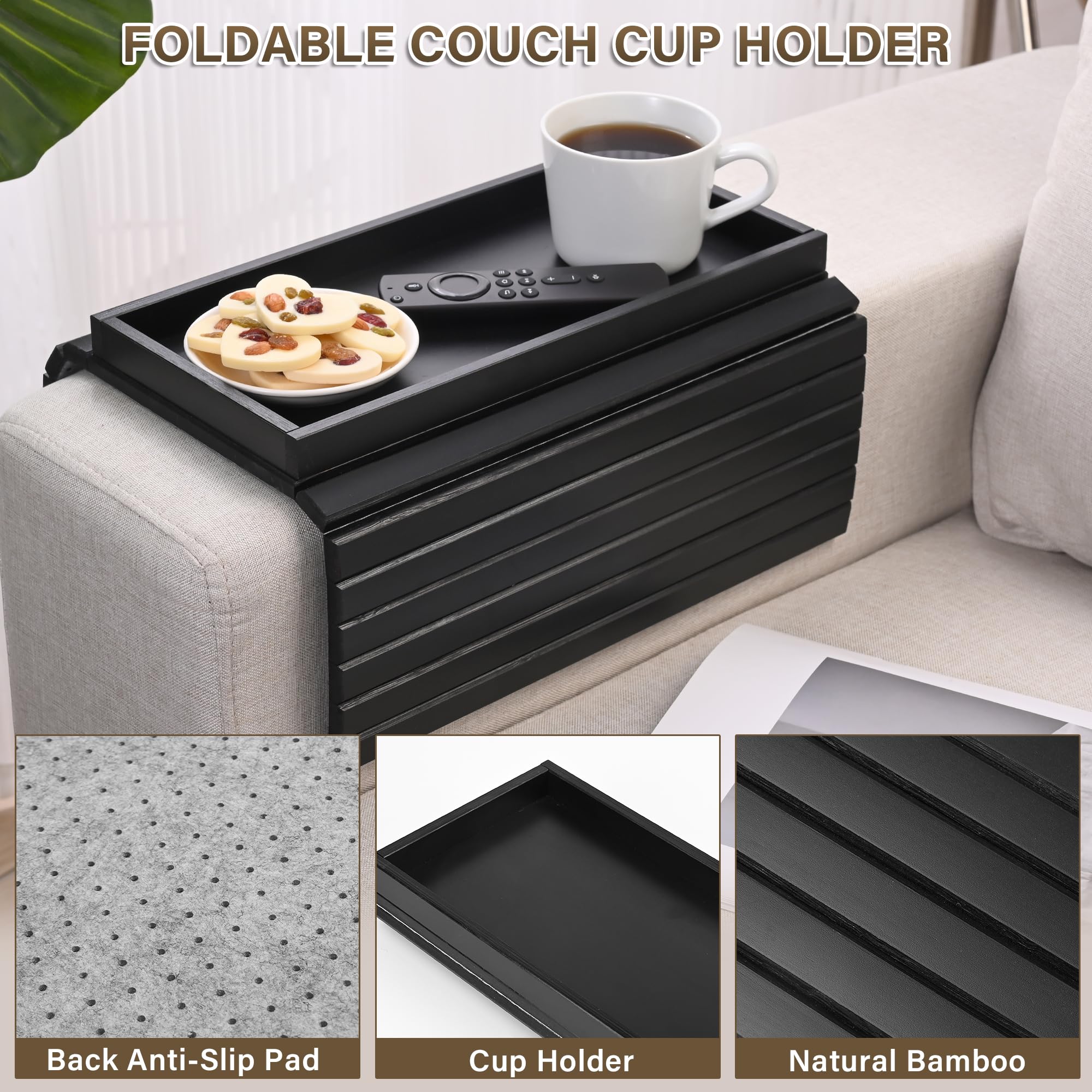 Bandeja de bambú para reposabrazos de sofá, bandeja para reposabrazos de sofá, bandeja plegable para reposabrazos, mesa de sofá para comer, bebidas, aperitivos, control remoto, teléfono