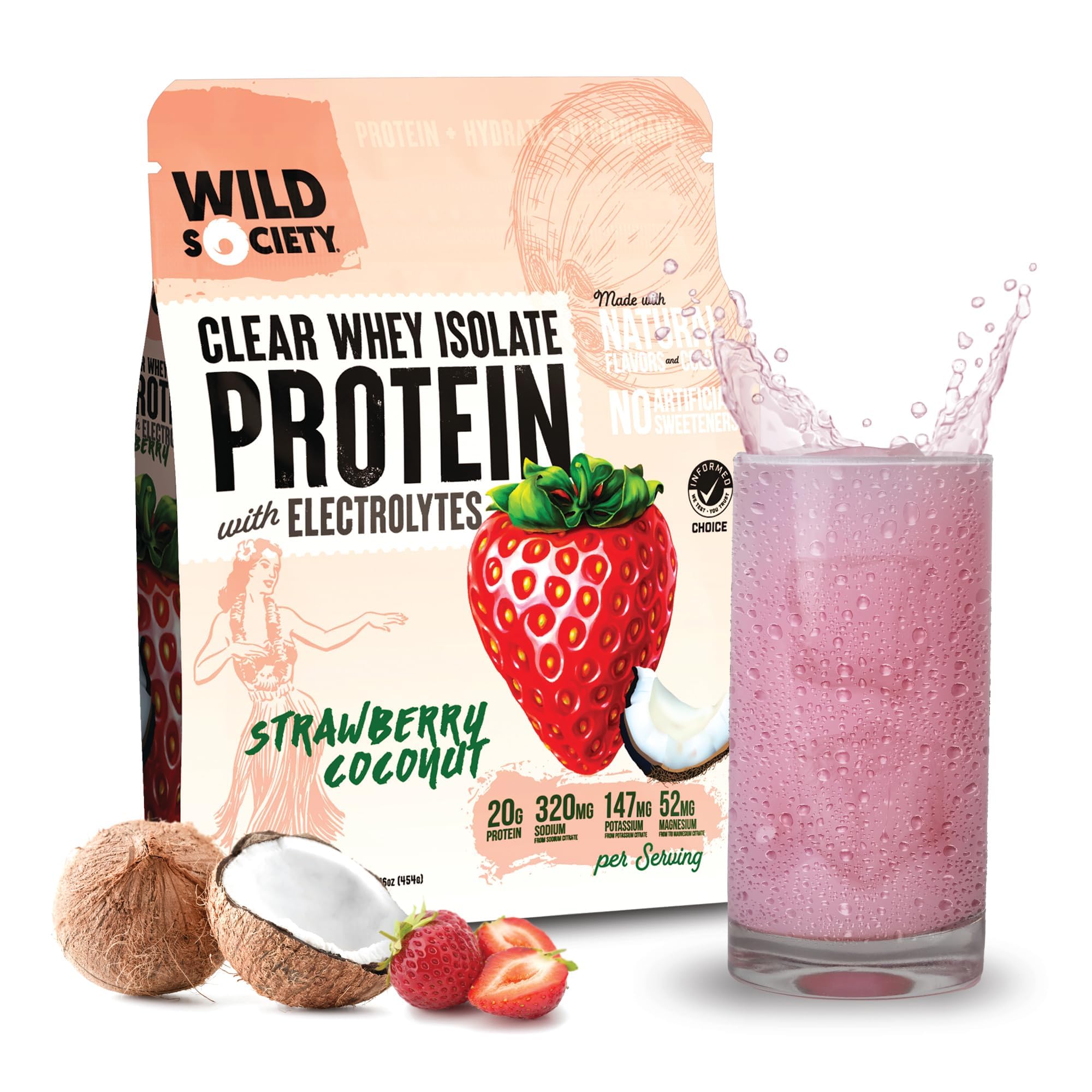 WILD SOCIETY - Clear Protein Powder + Electrolytes - 20g Clear Whey Protein Isolate Drink - Zero Sugar - 0g Lactose - Natural Flavors & Colors - Muscle Post Workout Recovery - Strawberry Coconut, 16oz