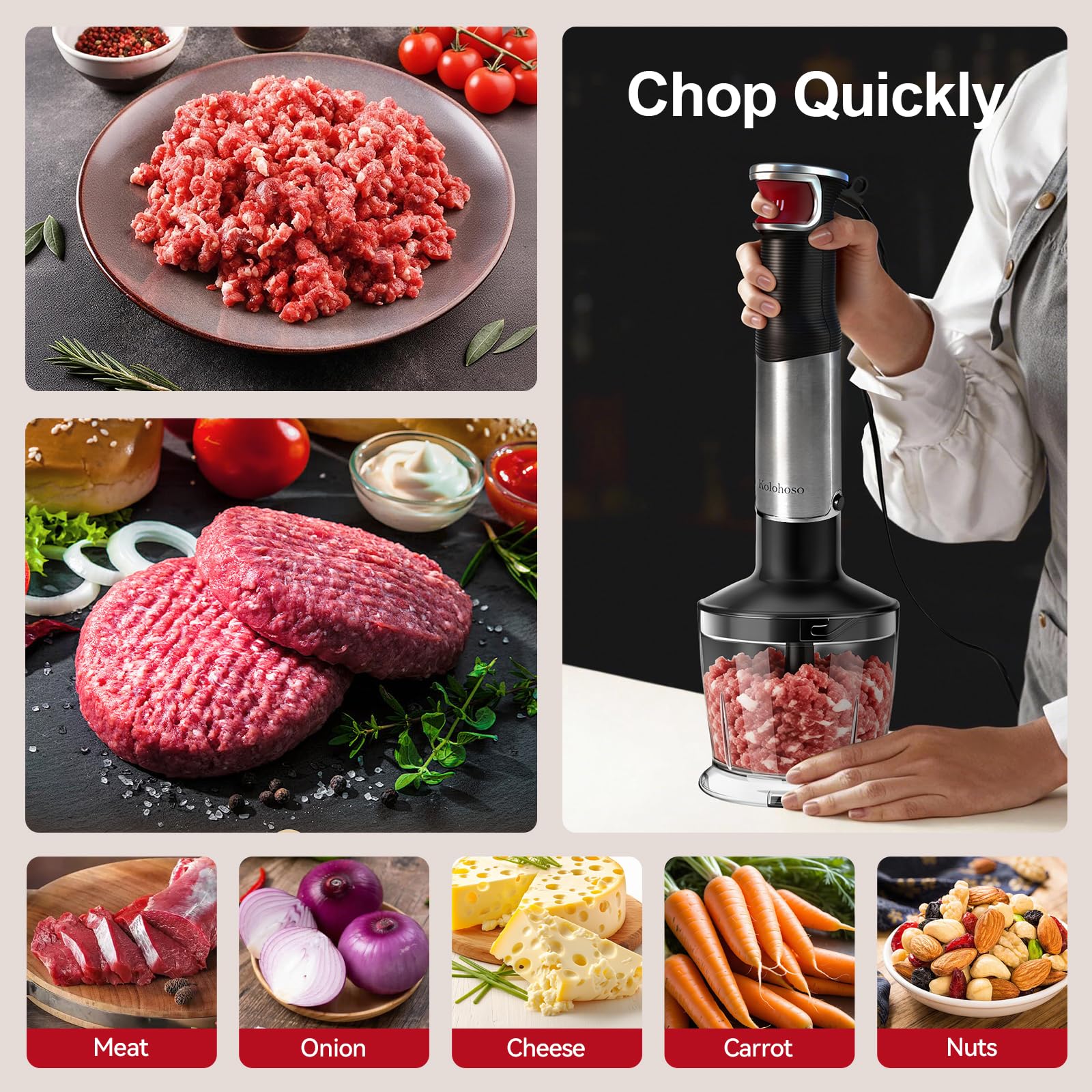 1500W Mixeur Plongeant 4 en 1 à Vitesse Variable et Démarrage Progressif | 4 Lames Plaquées en Titane, Mixer Plongeur avec Fouet, Hachoir et Verre Doseur de 700 ml pour Bébés de Soupes et de Sauces