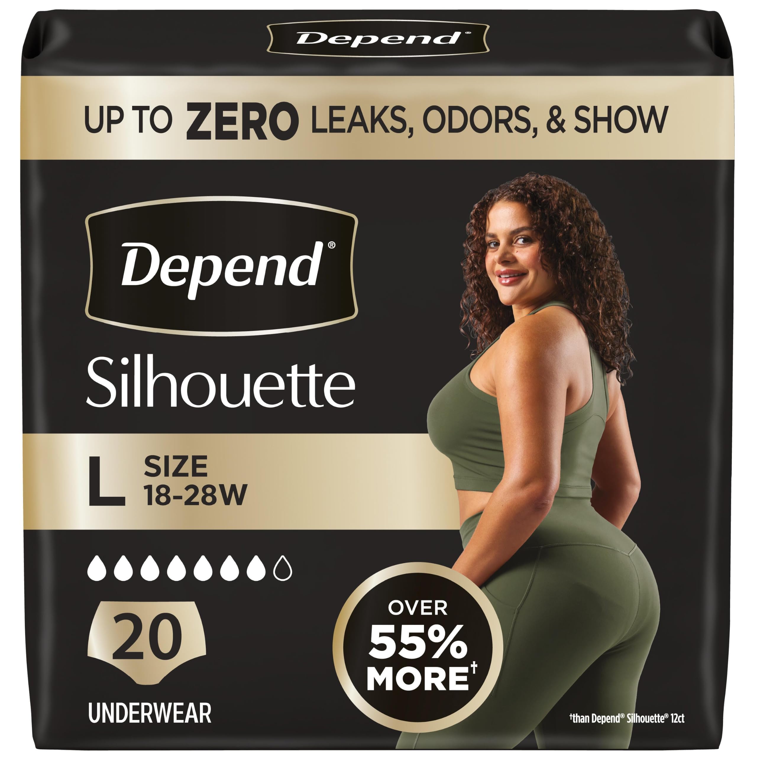Depend Silhouette Adult Diapers, Incontinence &amp; Postpartum Bladder Leak Underwear for Women, Maximum Absorbency, Large, Pink, 20 Count, Packaging May Vary