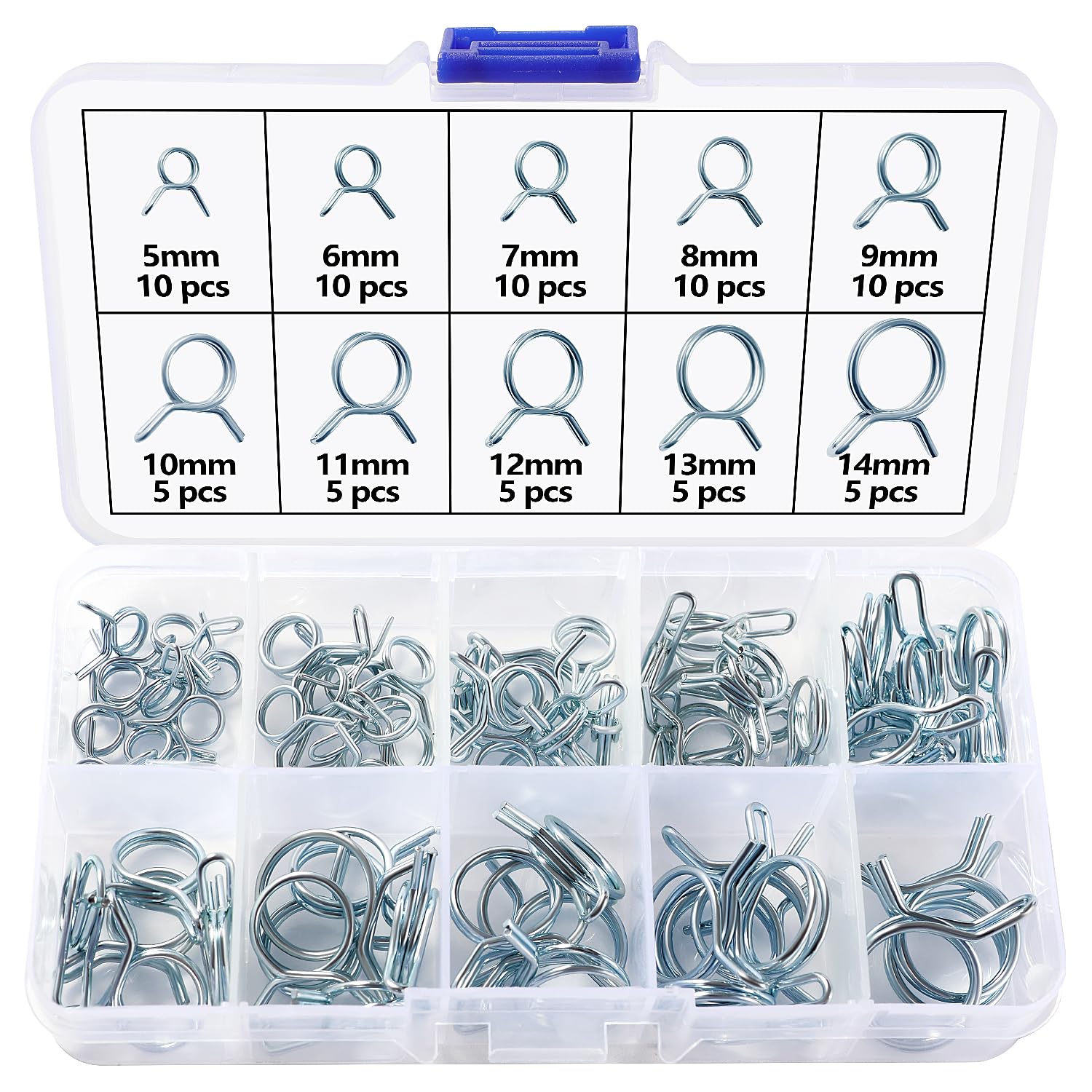 Lyeteung 75pc 10 Sizes 5-14mm Double Wire Fuel Line Hose Pipe Spring Clips Clamp Kit, Silver