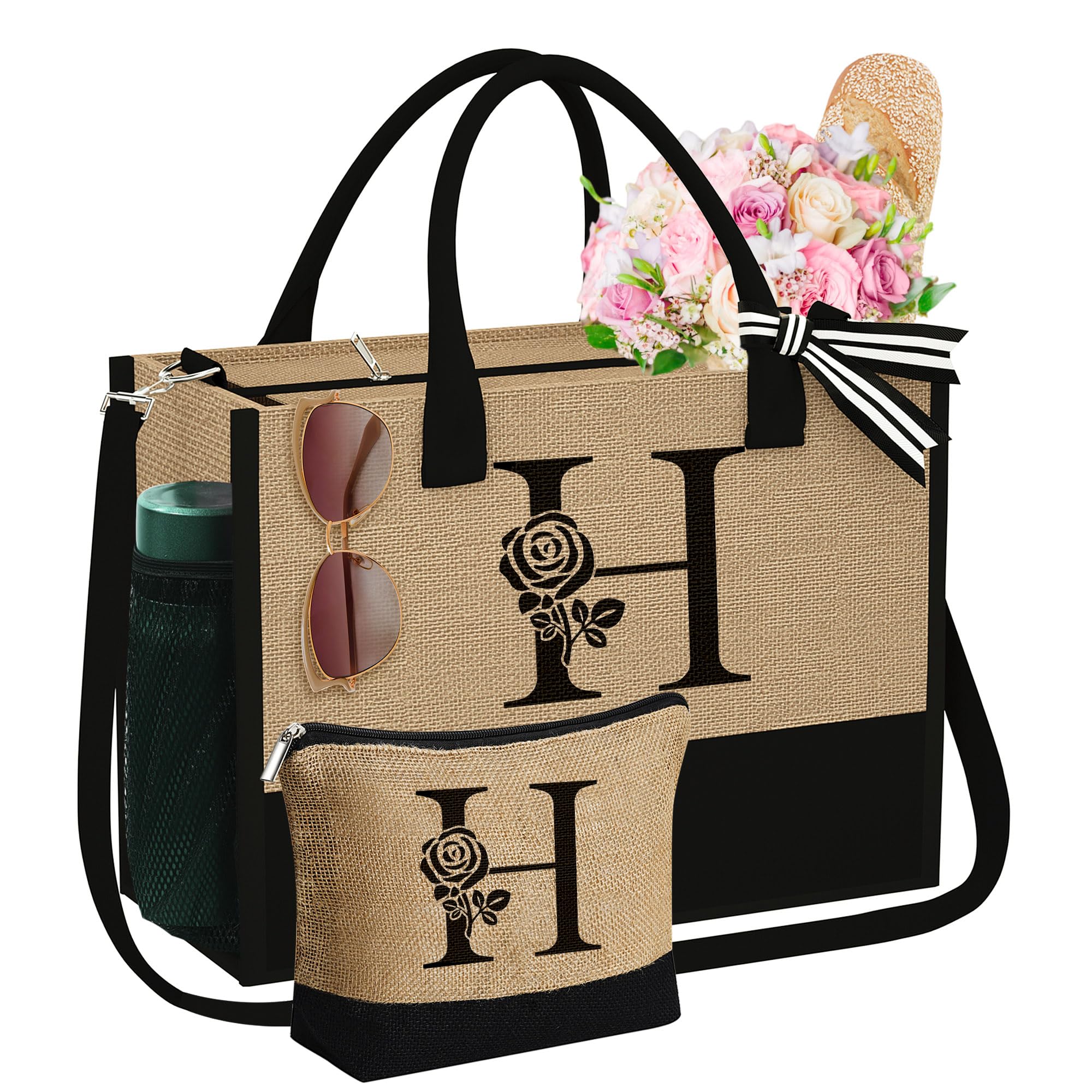 YOOLIFE Mothers Day Gifts - Initial Jute Tote Bag with Zipper Personalized Birthday Gifts for Women Graduation Gift for Her