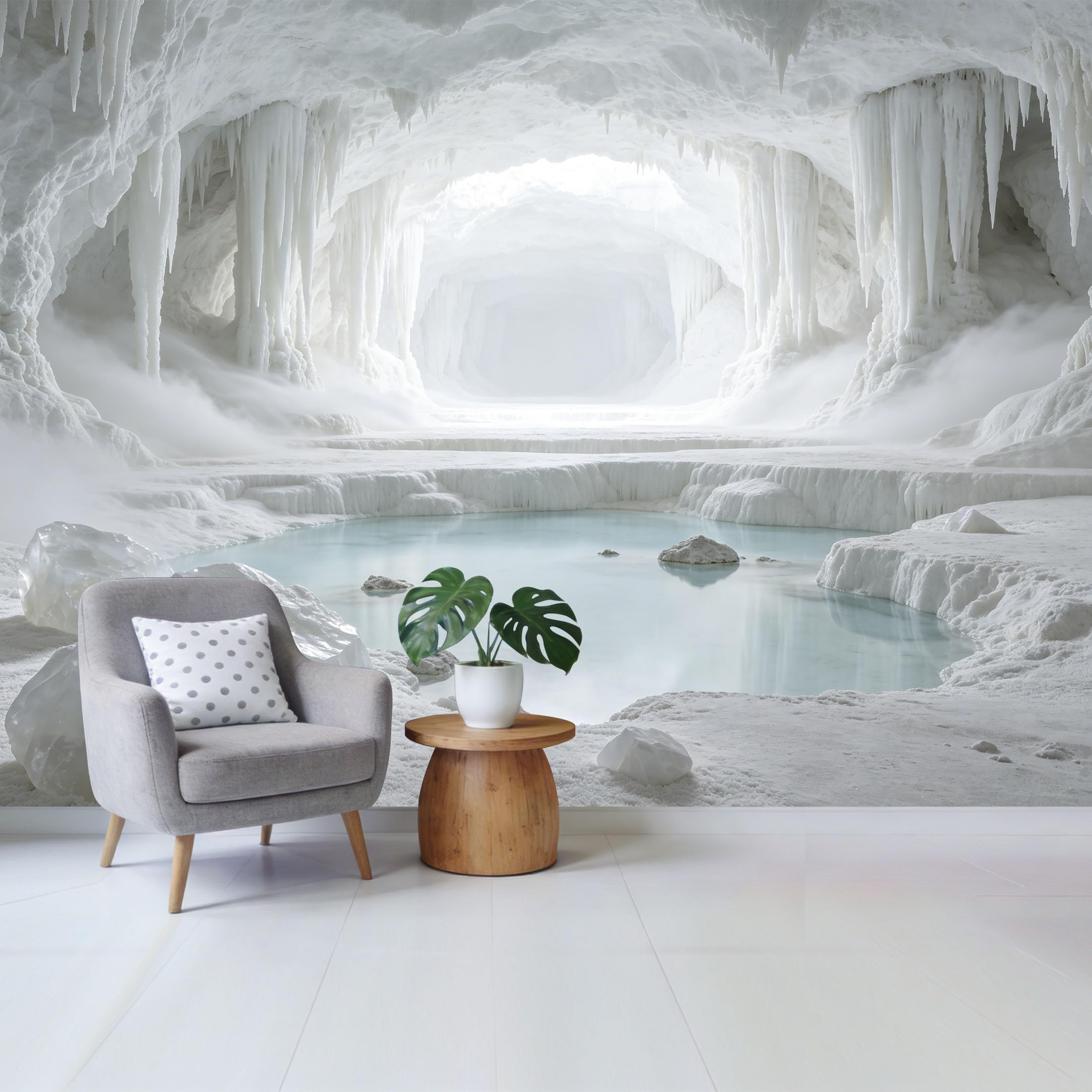 Custom Size Wall Mural Frozen Ice Cave Glacier Lake 3D Trompe L'Oeil Removable Self Adhesive Fabric，Home Wall Decor for Living Room Bedroom Bathroom