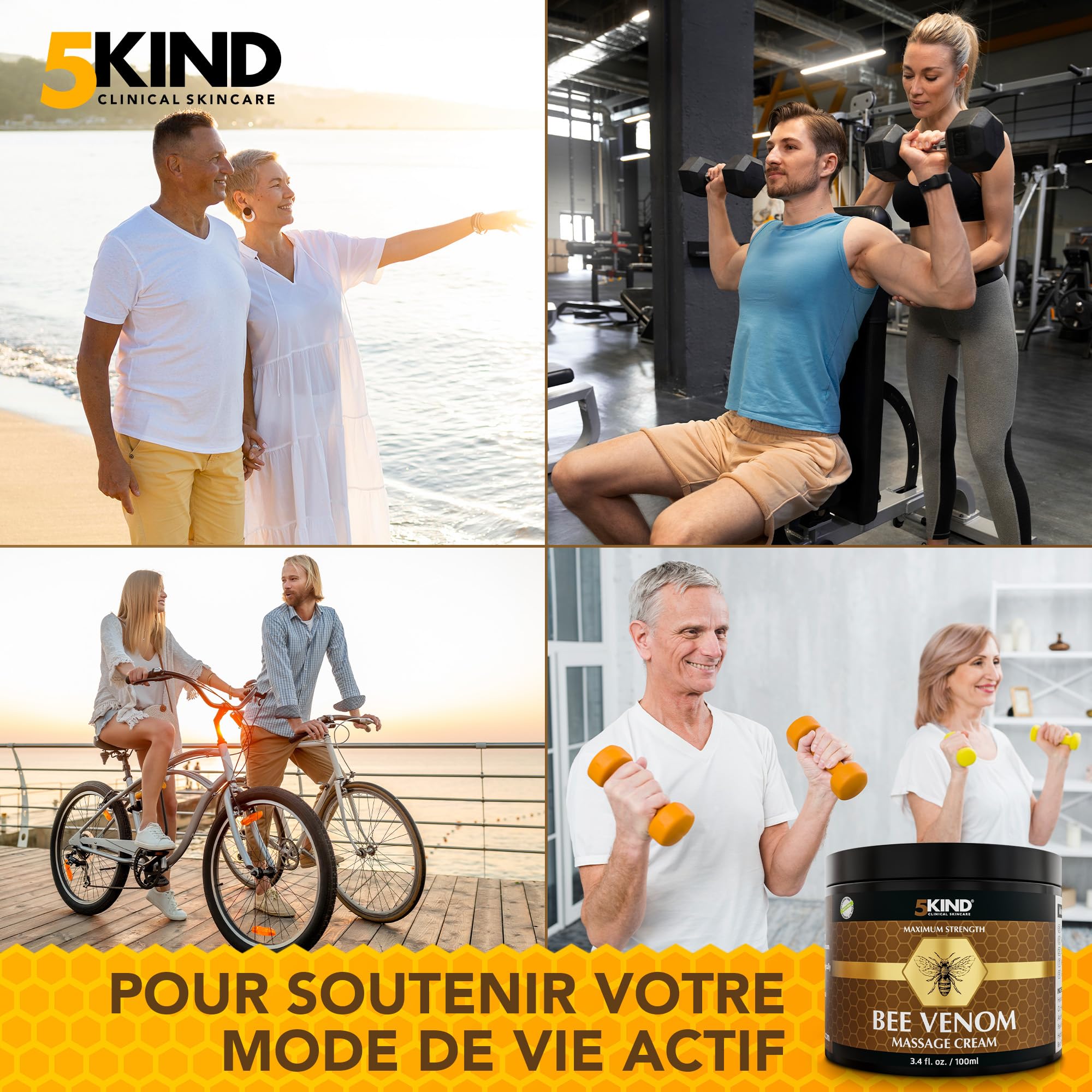 5Kind Creme Venin d'Abeille Maximum Strength 100ml - Bee Venom Cream - Massage Naturel des Articulations & Muscles, Bas du Dos, Genoux, Cou, Hanches & Pieds - Provenance Responsable