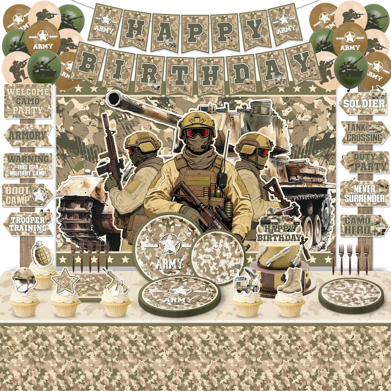 Army Military Party Decorations ,Camouflage Birthday Party Supplies, Soldier Plates Napkins Set Camo Hero Balloons,Backdrop,Banner, Cake Toppers,