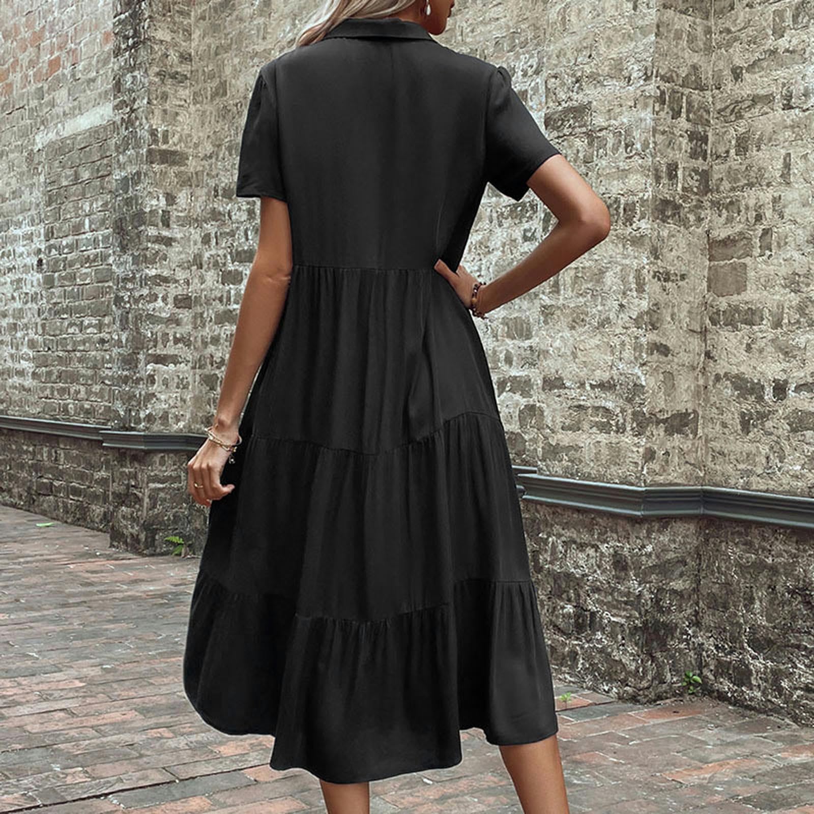 Vestidos para mujer, cuello en V, botones, manga corta, con volantes, acampanado, vestido camisero midi fluido. YYEFNMAZ