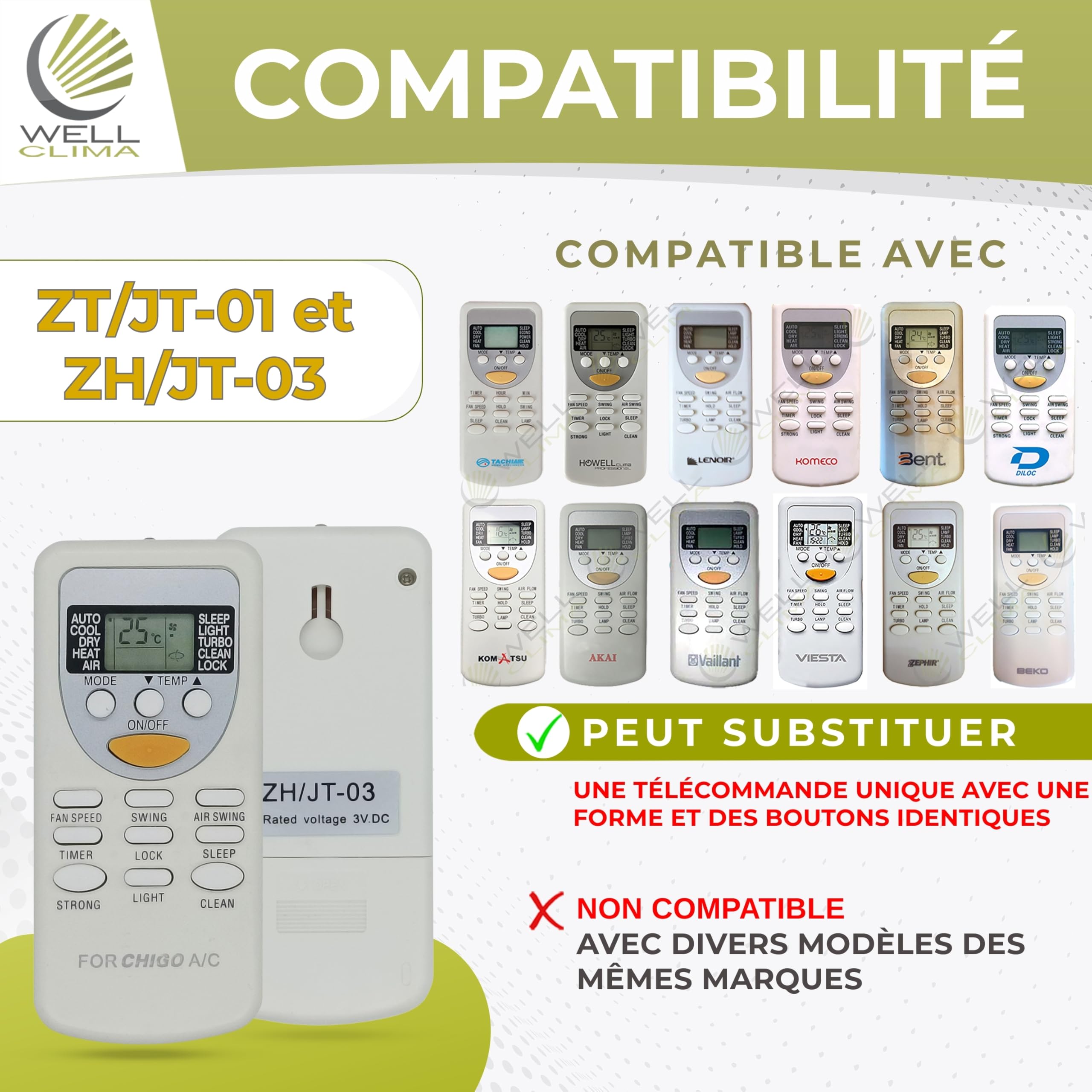 Télécommande AC ZH/GT-01 ZHF/GT-01 Pour Climatiseur Chigo, Carrera, Zenith, Minisplit