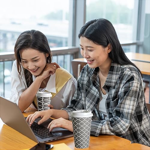 Miniatura 7 de JOLLY PARTY Tazas de café desechables con tapas, 20 onzas (100 juegos), tazas de café de papel para bebidas, té espresso, adecuadas para cafeterías,