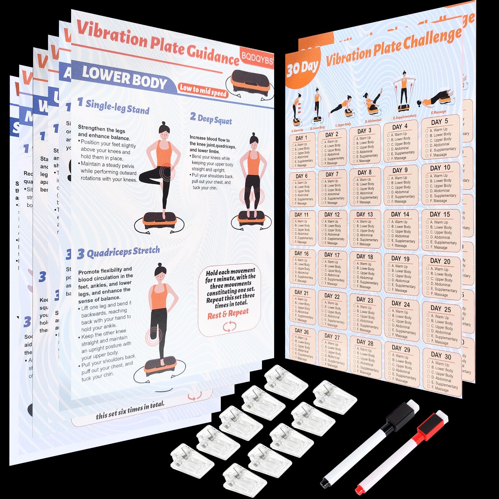 Vibration Plate Exercise Machine Poster- 8 Exercise Poster- 10 Adhesive Clip 2 Pens- Writable Wave Vibrating Workout Chart