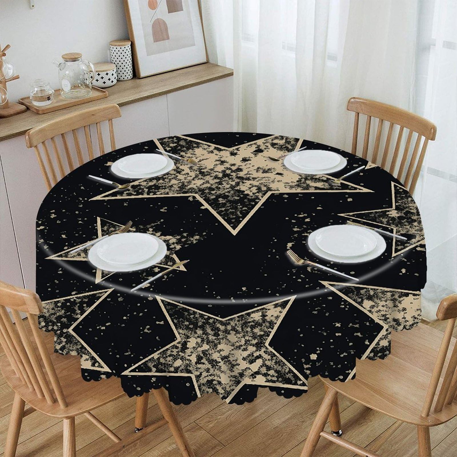 VstaDank Star Round Tablecloth Wipeable Round Polyester Tablecloth Waterproof Wrinkle Free Indoor and Outdoor Table Cover 60 Inch Decorative Farmhouse Table Cloth for Dining