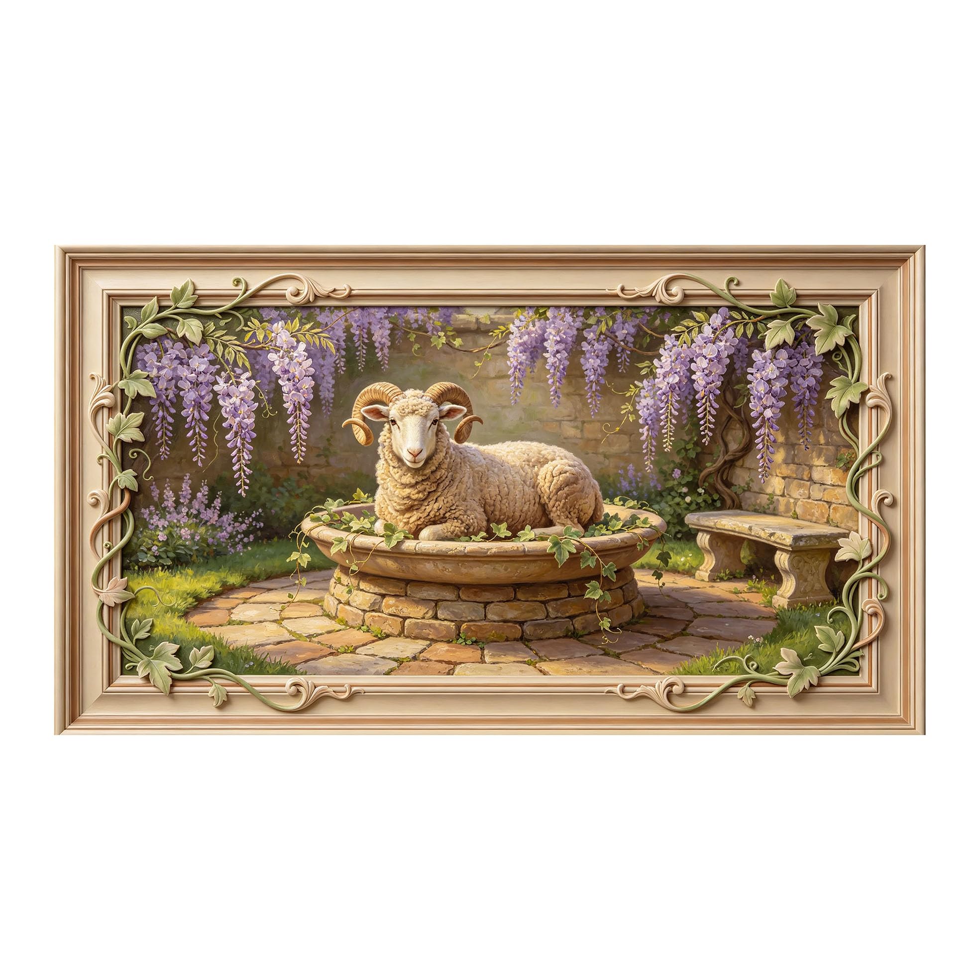 Yzpallescene 3D 3D Framed Wall Art 50cm×90cm Pastoral Garden Ram Wisteria Oil Painting Large Size SelfAdhesive Removable Wall Decor Prints Artwork for Living Room Bedroom Office