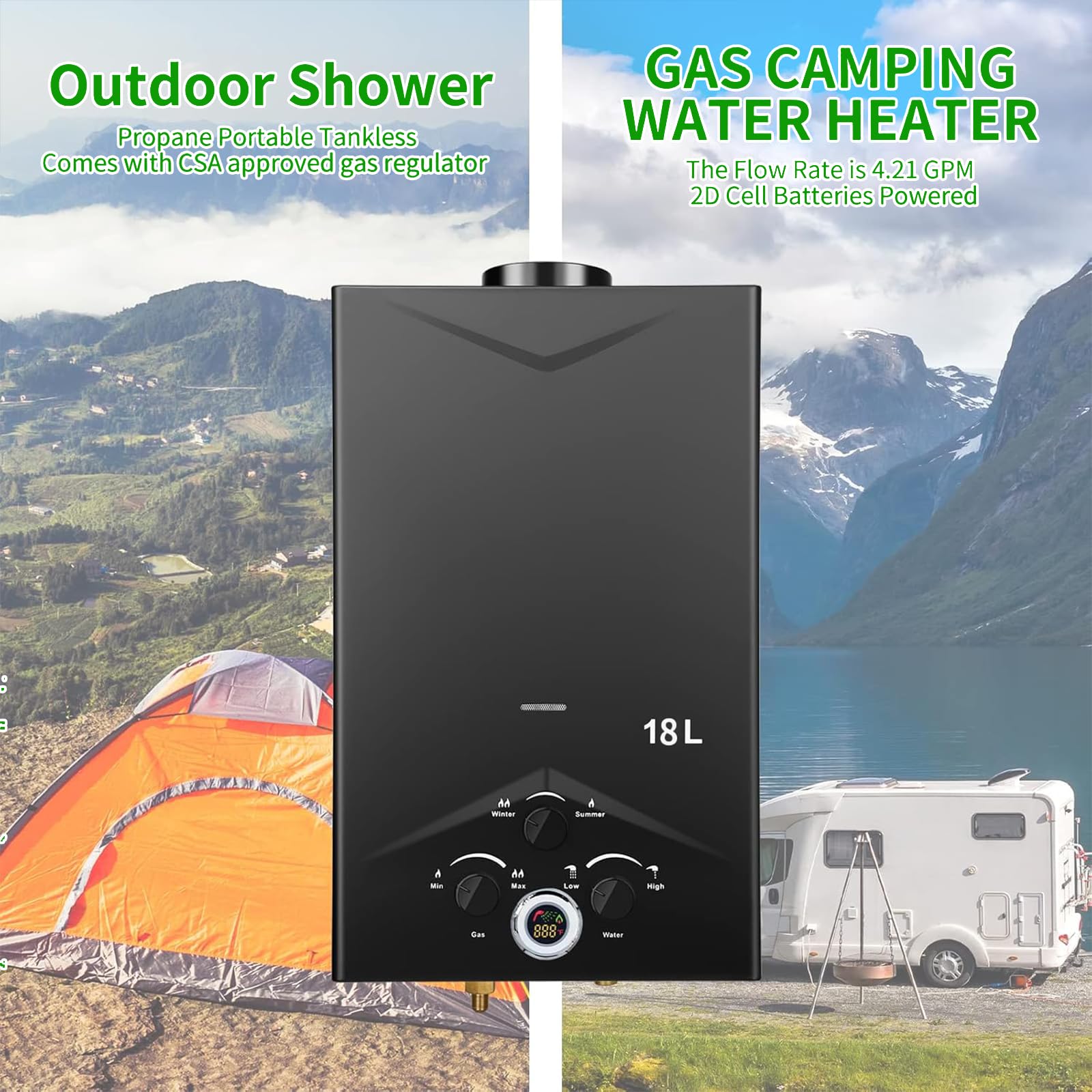 Scaldabagno a Gas 18L, All'aperto Portatile Scaldabagno Istantaneo a Propano Con Display Digitale Multi-Protezione Parete senza Serbatoio Scaldacqua Istantaneo Automatico
