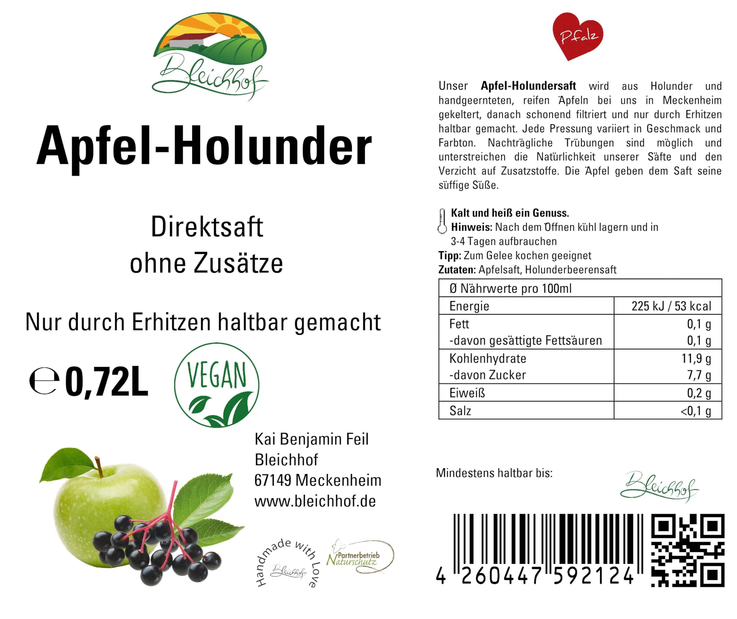 BLEICHHOF® Apfel-Holunder - Direktsaft, vegan (6x0,72l)