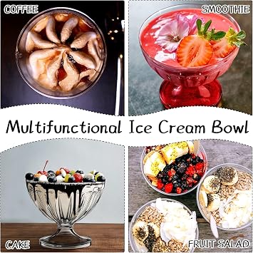 Acrylic Ice Cream Bowls, 8.5 oz Clear Dessert Cups Colorful Plastic Ice Cream Cups for Sundae Salad Dessert Cocktail Holiday Party (4 Pack)