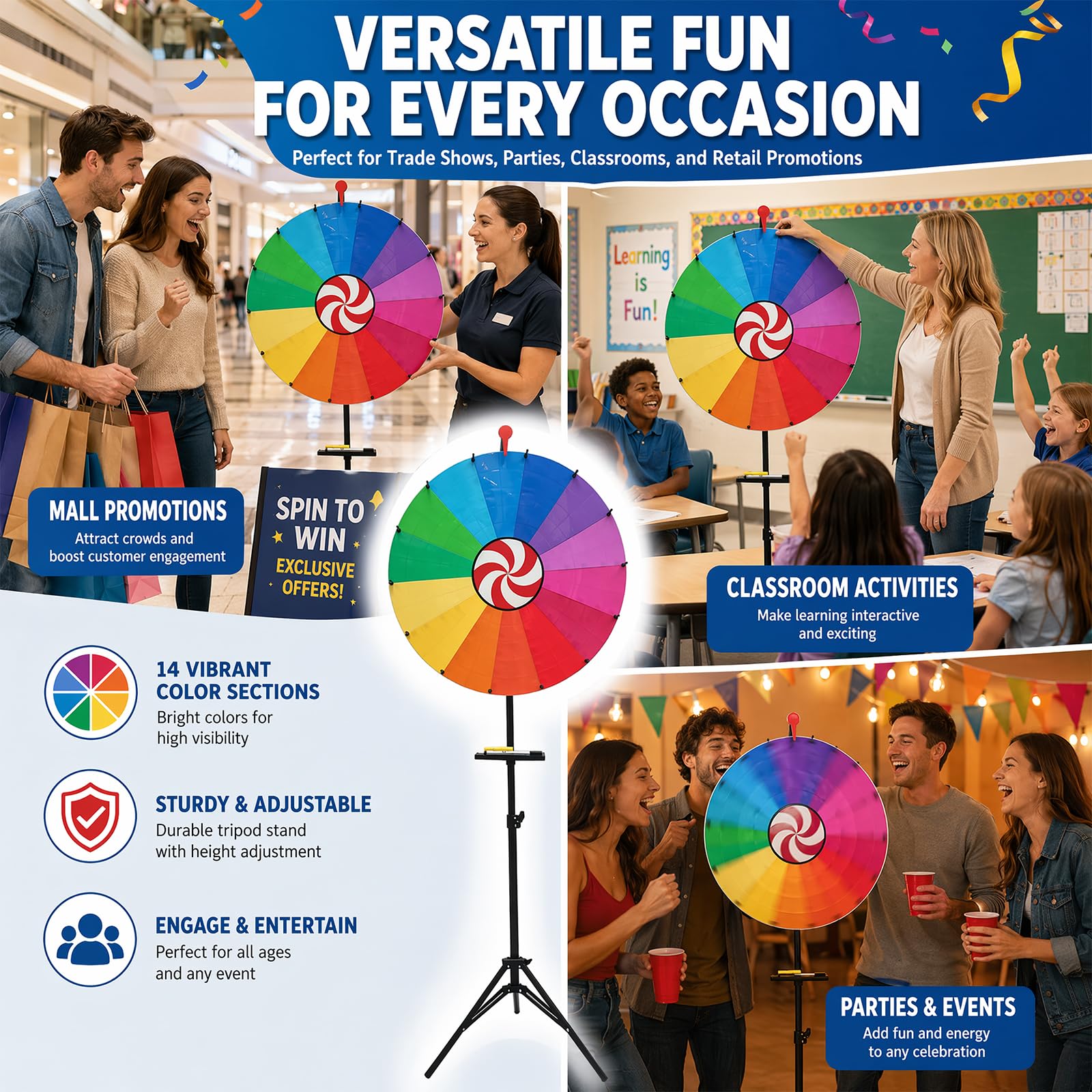 CEWROM 61 cm großes Glücksrad, 14 Farben, höhenverstellbar 100-200 cm, löschbares Kritzelspiel, inkl. Marker & Radiergummi, verstaubar mit Ablage – ideal für Partys, Messen & Karneval