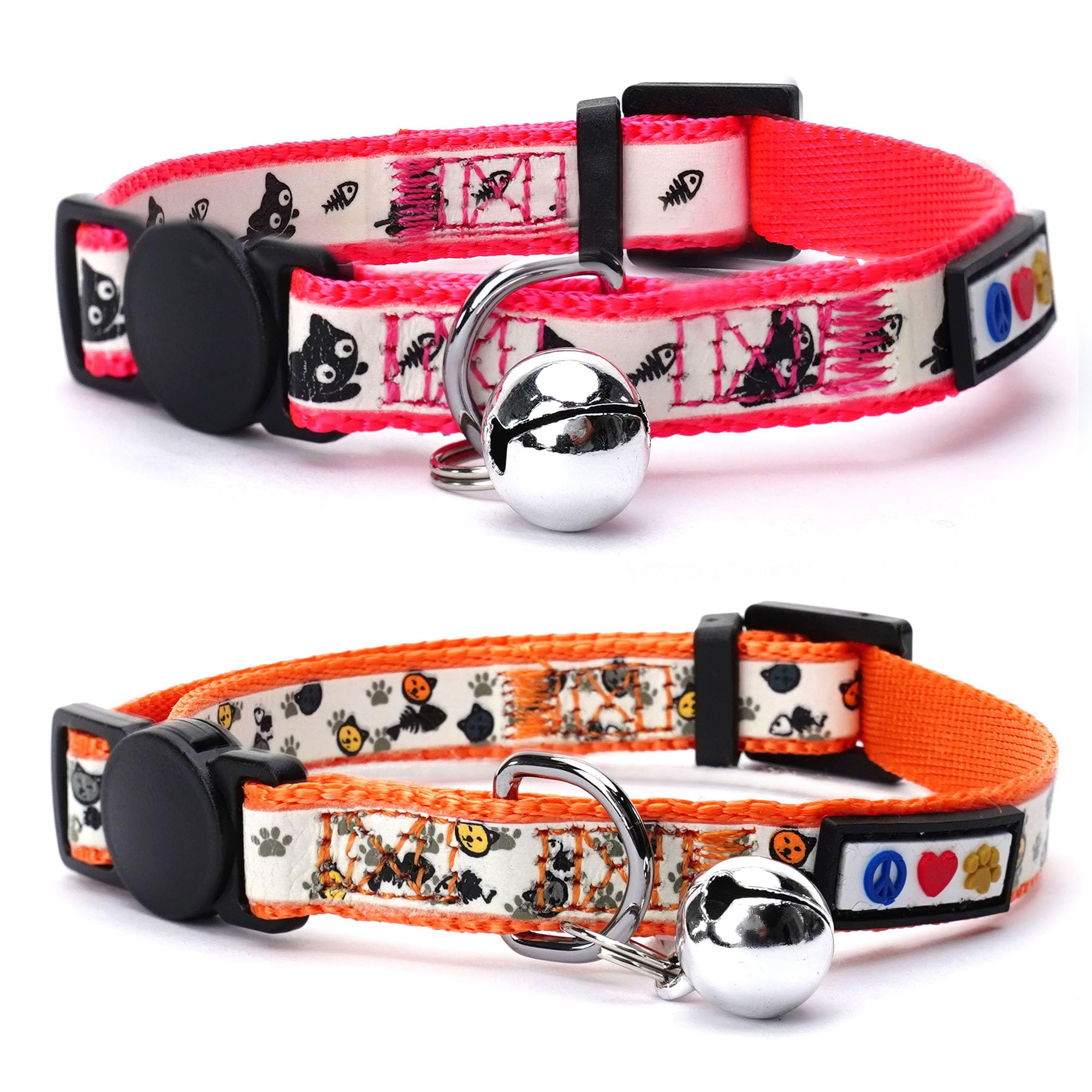 Pawtitas Glow in The Dark Cat Collar with Breakaway Safety Buckle & Bell Adjustable Kitten Collar, Set of 2 GID Pink/Orange