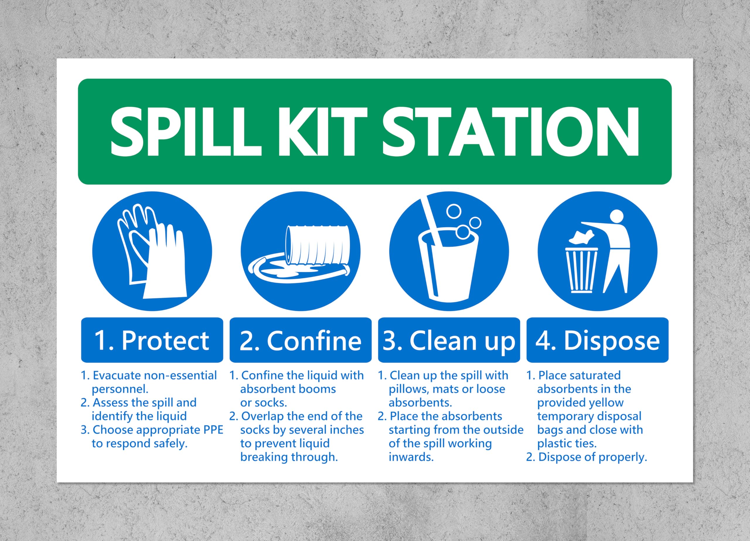 Spill kit station protect confine clean up dispose safety sign - Self adhesive sticker (200mm x 150mm)