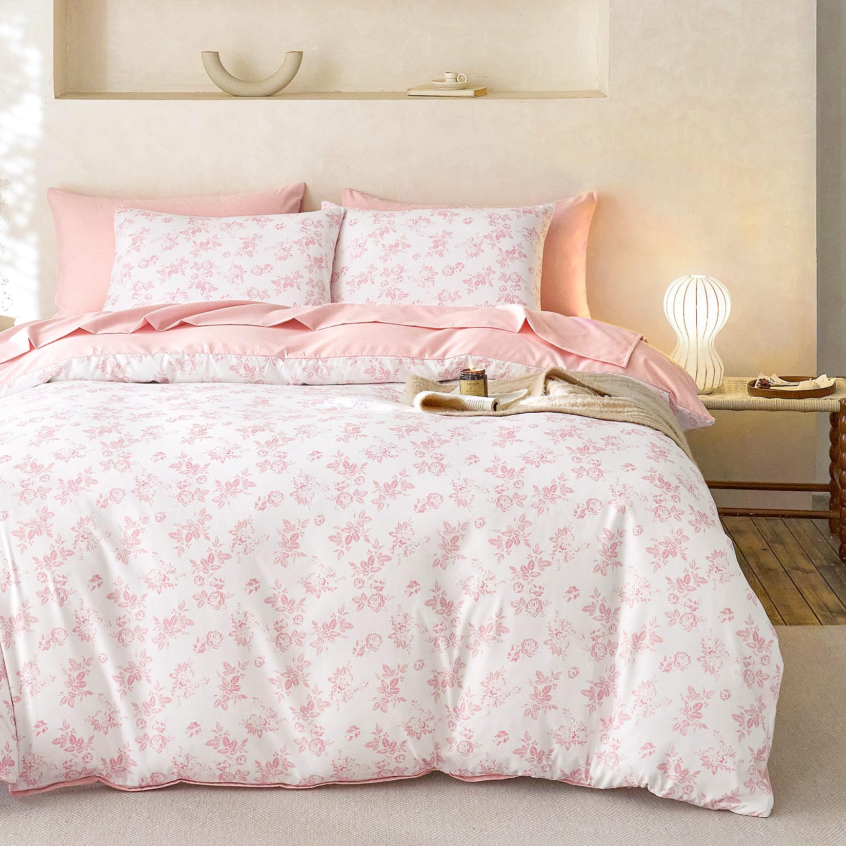 Wake In Cloud - Cottagecore Duvet Cover Set, Floral Vintage Flower Shabby Chic Coquette Aesthetic for Women Teen Girls, Soft Lightweight Bedding, 3-Piece, Pink, Queen Size-image-26