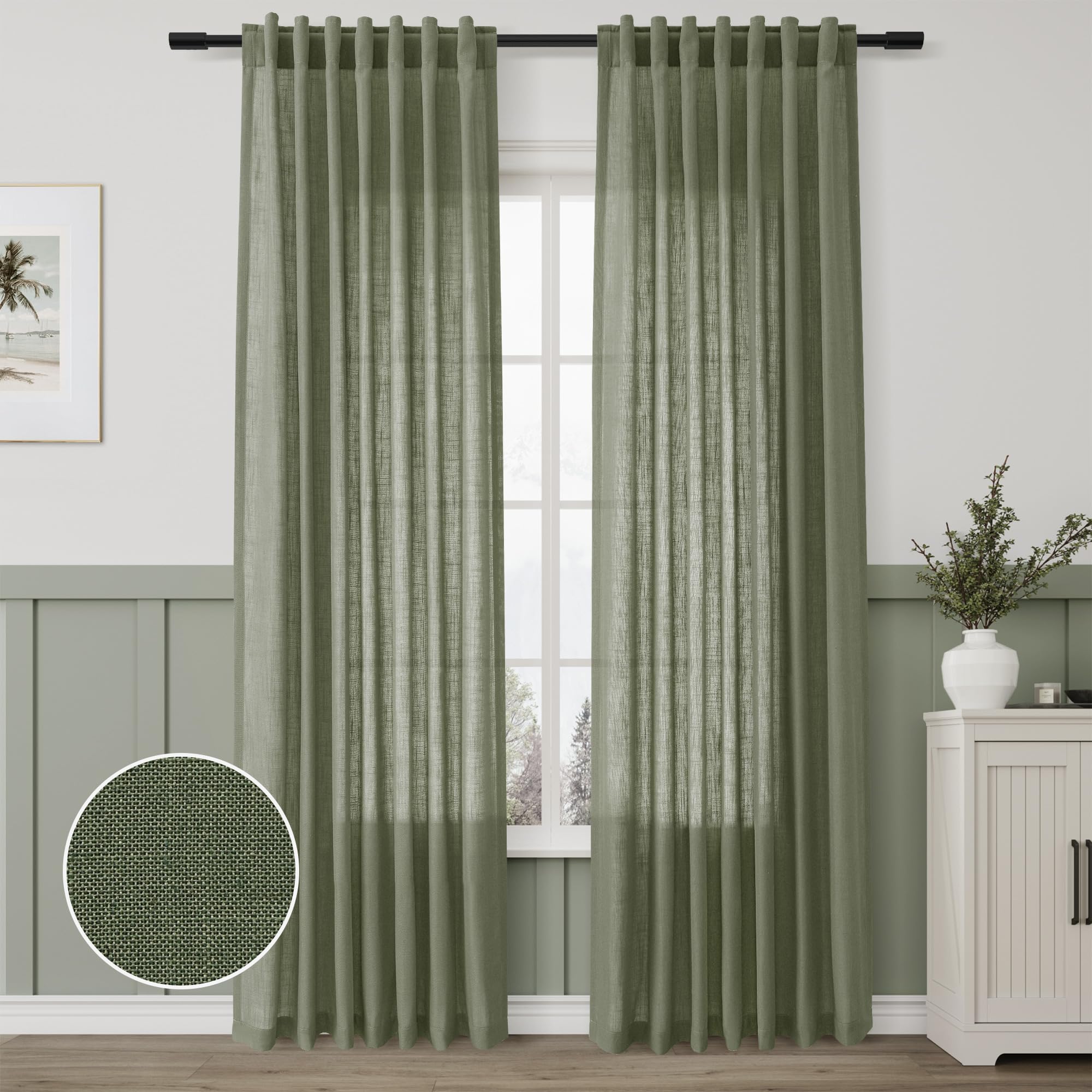 Linen Blend Green Curtains 84 Inches Long 2 Panels for Living Room Back Tab Pocket Light Filtering Sheer Privacy Olive Green Window Curtain Aesthetic Neutral Decor Muted Earthy Tone Drapery Bedroom