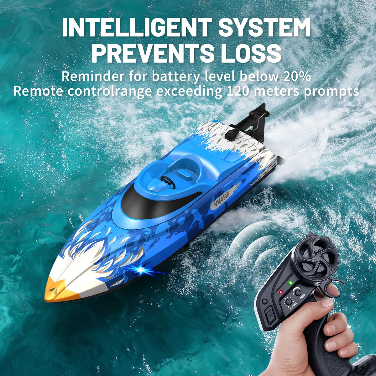 Barco teledirigido RC 25 km/h, impermeable con mando 2.4GHz, refrigeración por agua, luz LED, función Flip automática, alarma de batería y distancia, 2 baterías, para niños y adultos, piscina y lago