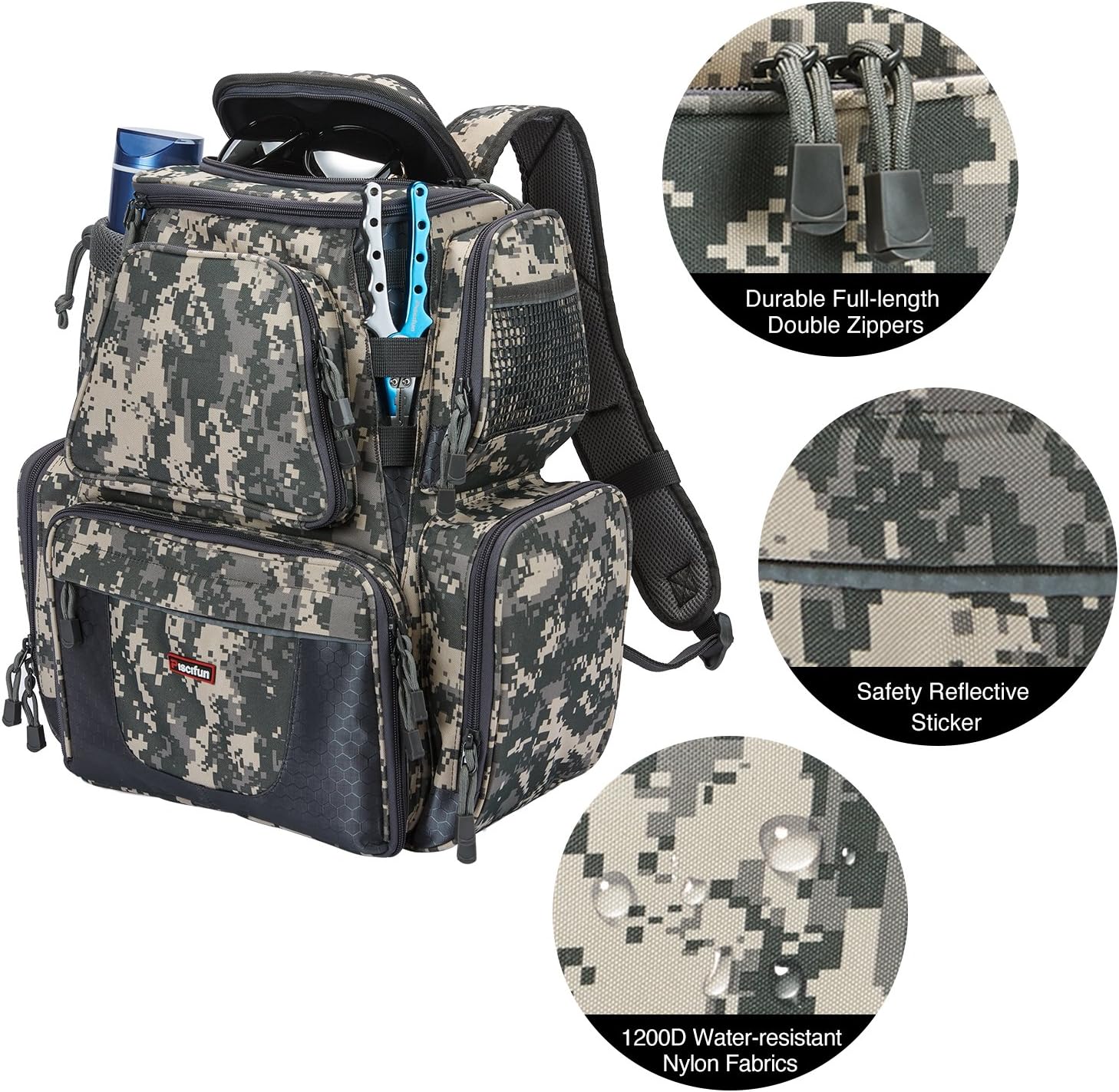 Piscifun Fishing Tackle Backpack with 4 Trays Large Capacity Waterproof Fishing Tackle Bag with 4 Tackle Boxes and Protective Rain Cover Digital Camouflage : Sports & Outdoors