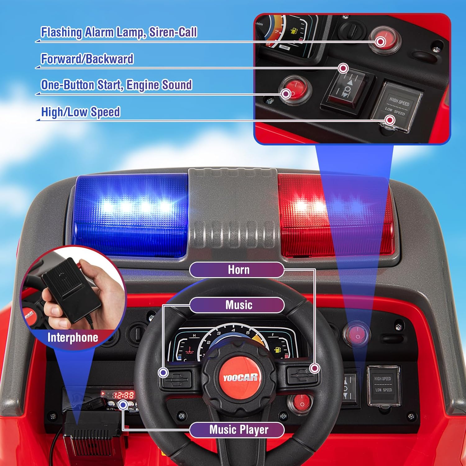 Costzon Kids Ride on Fire Truck, 12V Battery Powered Fire Car Toy w/Water Gun & Tank, Remote Control, Interphone, Shovel, Wrench, Music, Alarm Lamp & Siren-Call, Electric Vehicle Gift for 37-95 Months