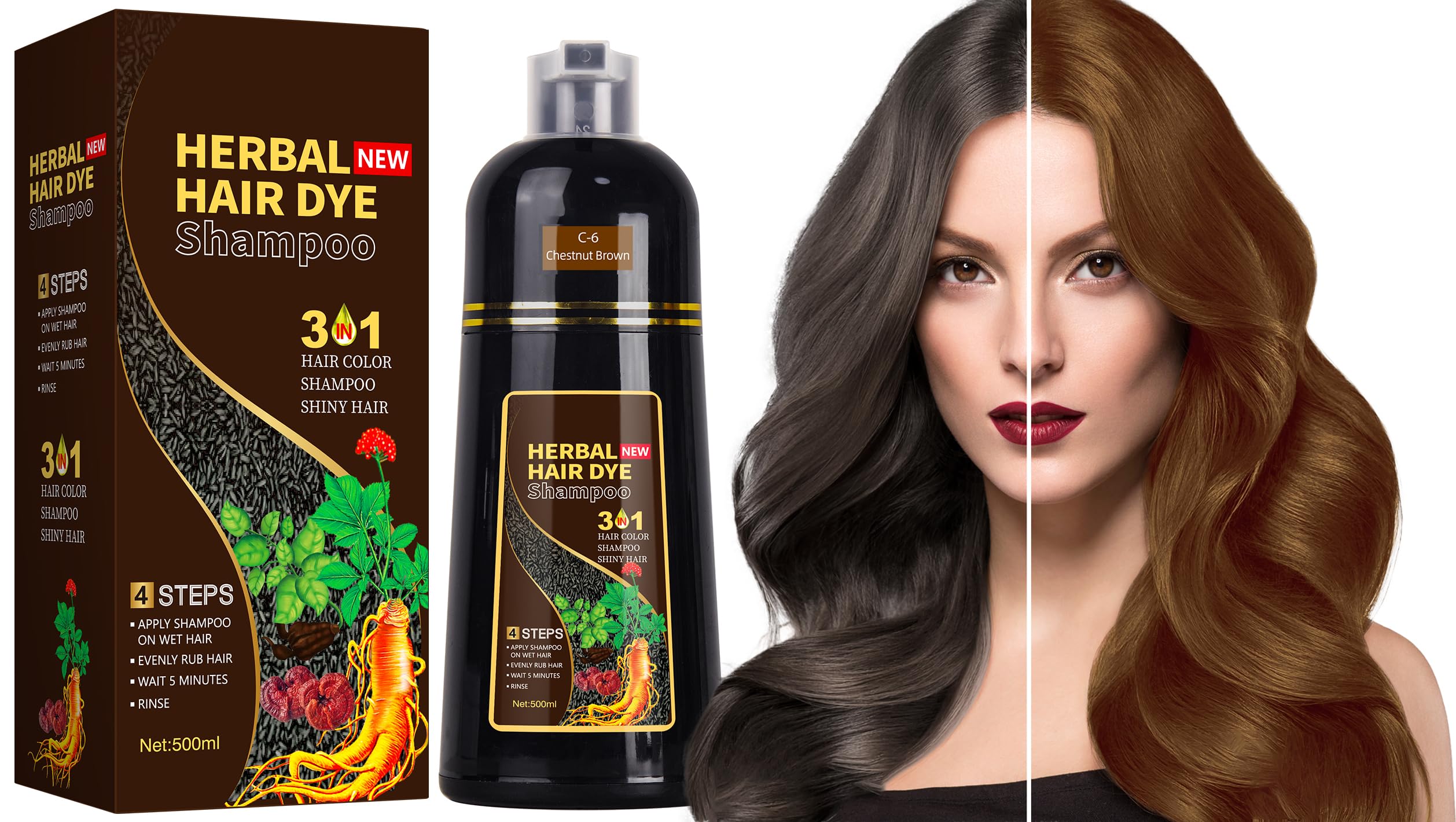 Instant Hair Dye Shampoo 3 in 1 for Gray Hair Coverage-Herbal Ingredients Black Hair Color Shampoo-Black Hair Dye for Women & Men Hair Dye Coloring in Minutes (chestnut brown)