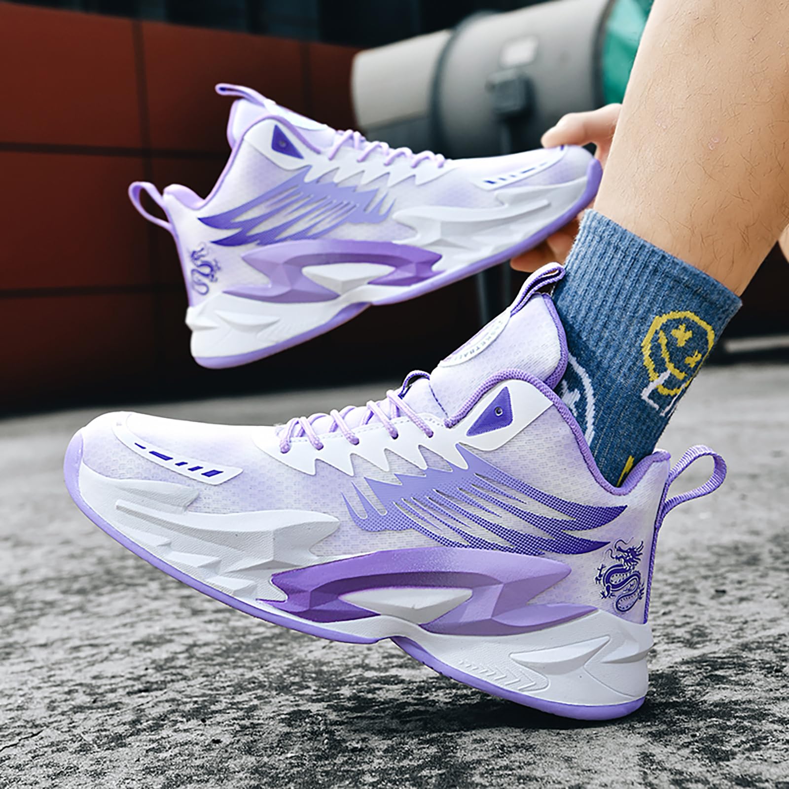 Hewcey Men's Basketball Shoes Anti-Slip Breathable Womens School Training Running Shoes Fahsion Sneakers Comfortable Outdoor Gym Shoes White Purple
