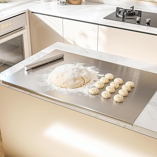 Miniatura 8 de Nisorpa Tabla de cortar de acero inoxidable 304 con labio, tablas de cortar extra grandes para cocina, placa de corte resistente con alfombrilla