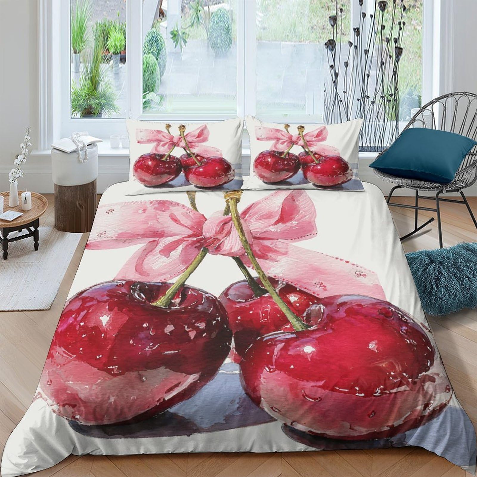 Ctjqhvkz Style-10 3D Printed Cherry Bow Fitted Sheet Microfiber Red Fruit Bed Cover Anti-Slip Easy Care For Bedroom Guest Room Decor Single（135X200cm）