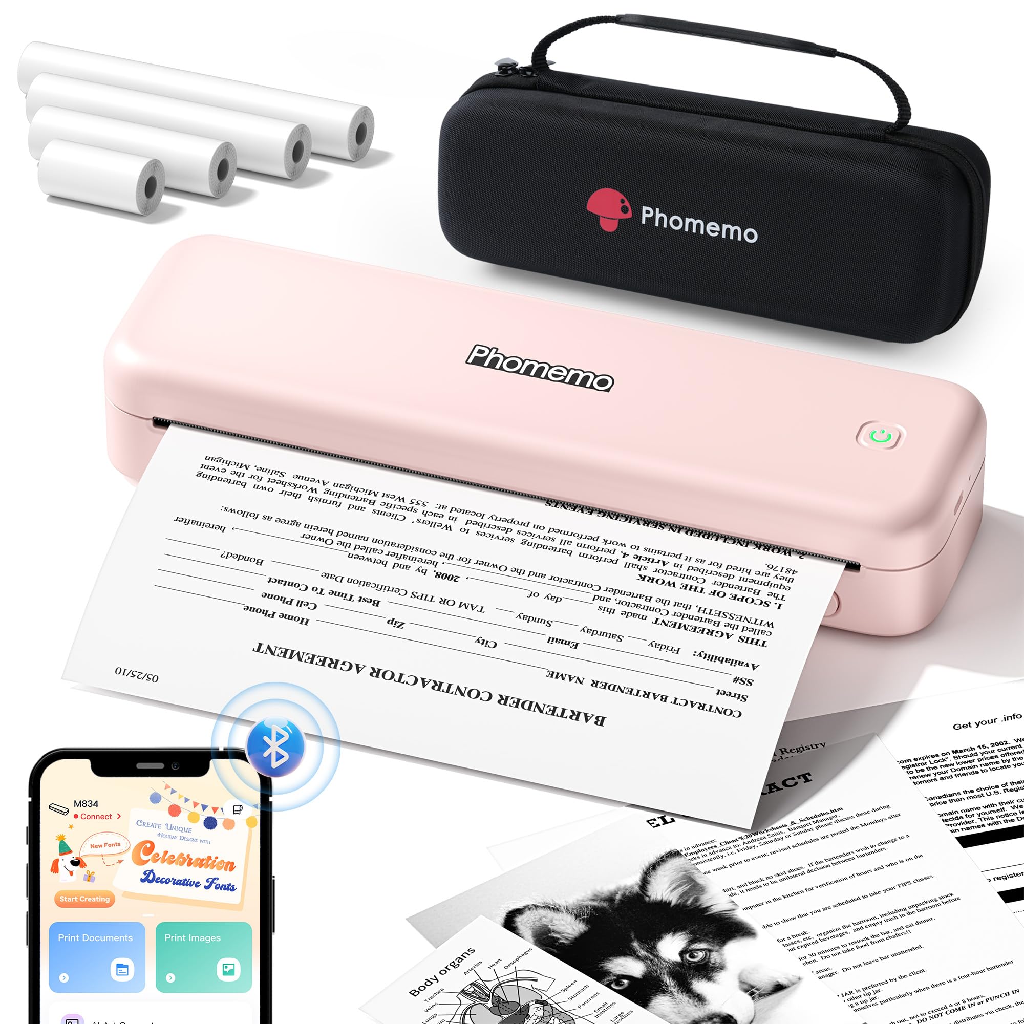Phomemo M834 Stampante Portatile A4, Stampante Termica Portatile, Connessione Bluetooth e USB, Supporta Carta Termica A4, Con Custodia per il Trasporto e 4 Rotoli di Carta Termica, Rosa