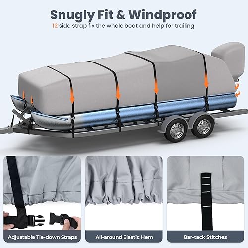 Vista 36 de RVMasking Cubierta para barco pontón con cubierta de motor, 1400D resistente reforzada, cubierta impermeable de grado marino para lancha de Azul