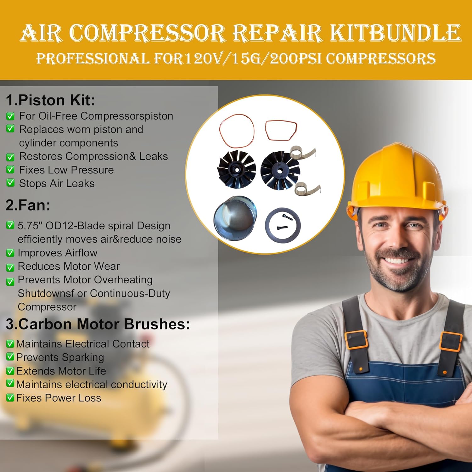 Air Compressor Repair Kit Bundle: 1 xN021229 NO38785 Piston Ring & Cylinder Kit, 2 xair compressor Fan, 2 x5140122-80 Carbon Motor Brushes with Spring; Fits D55146 D55167 D55168 Series Models