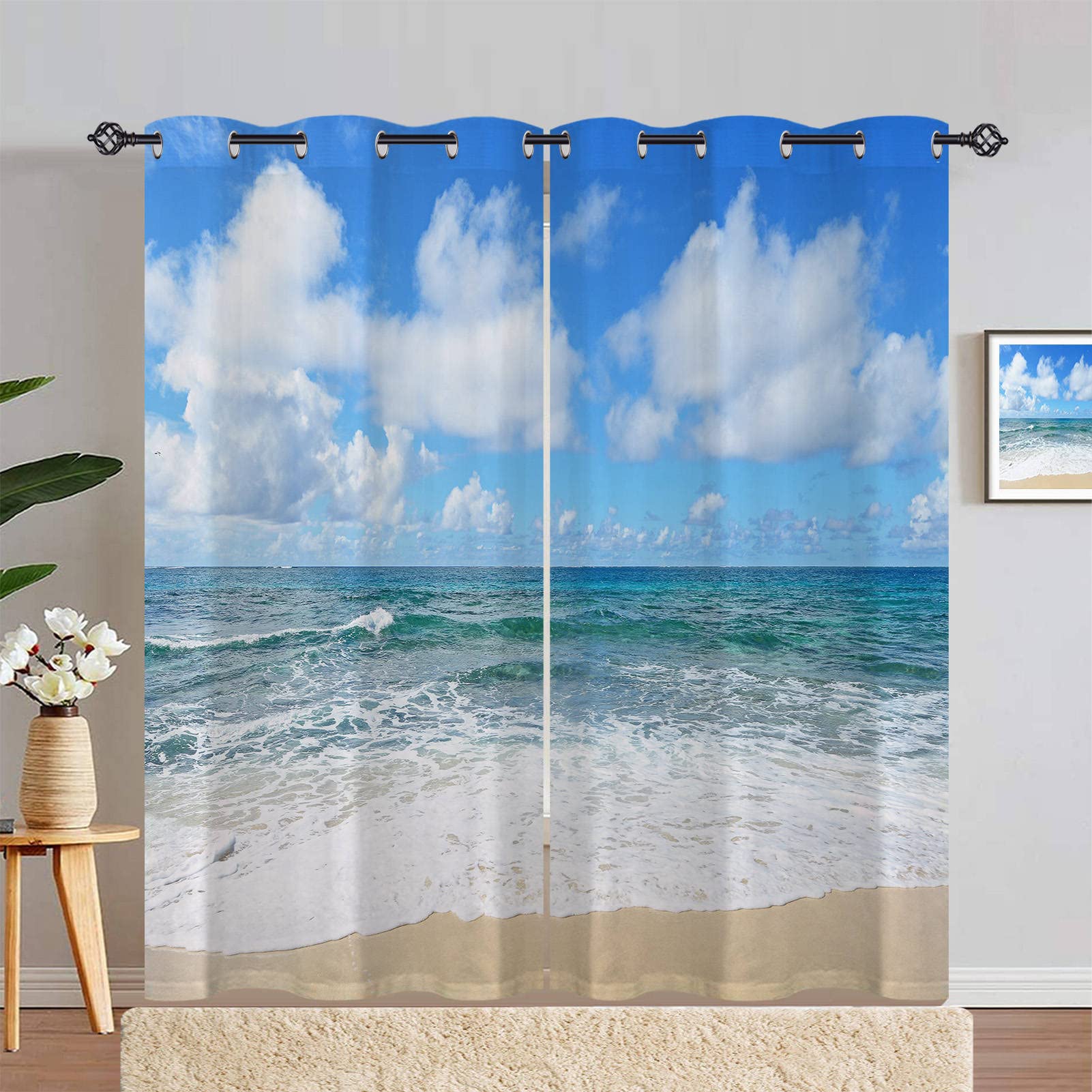 ANHOPE Ocean Beach Curtains Eyelet Soft Thermal Insulated Blackout Curtains Tropical Coastal Blue Sea Sky Beach Print Pattern Ring Top Window Drapes for Bedroom Living Room 66 x 90 Inch Drop 2 Panels โ image 1