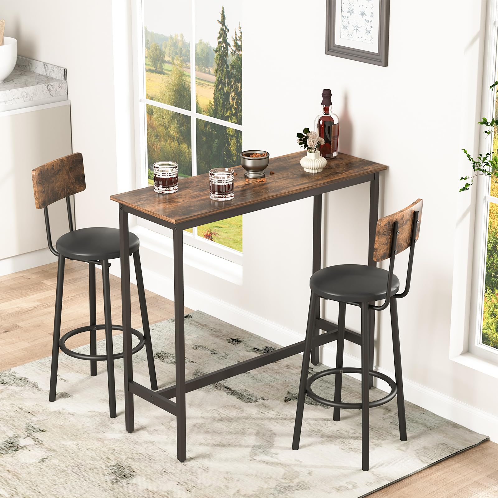 Spaco Bar Table Set for 2, Small Kitchen Dining Table Set with 2 PU Upholstered Stools, Counter Height Dining Table Set with Iron Frame for Kitchen,