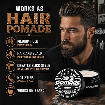 Bossman Hair & Beard Pomade, 2-in-1, Non-Greasy (Naked - Unscented)