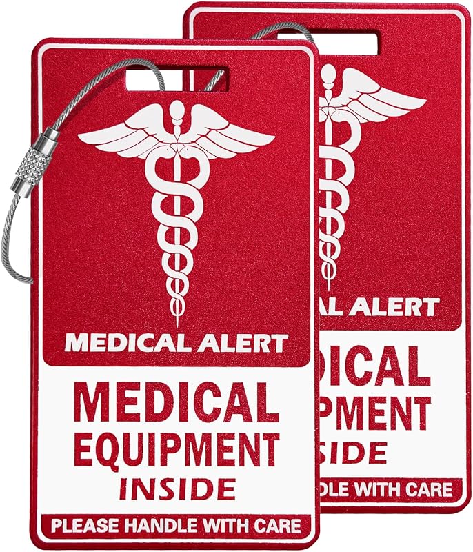 Etiqueta de equipaje para equipos médicos, roja y blanca con cable de acero, etiquetas de identificación médica para viajes