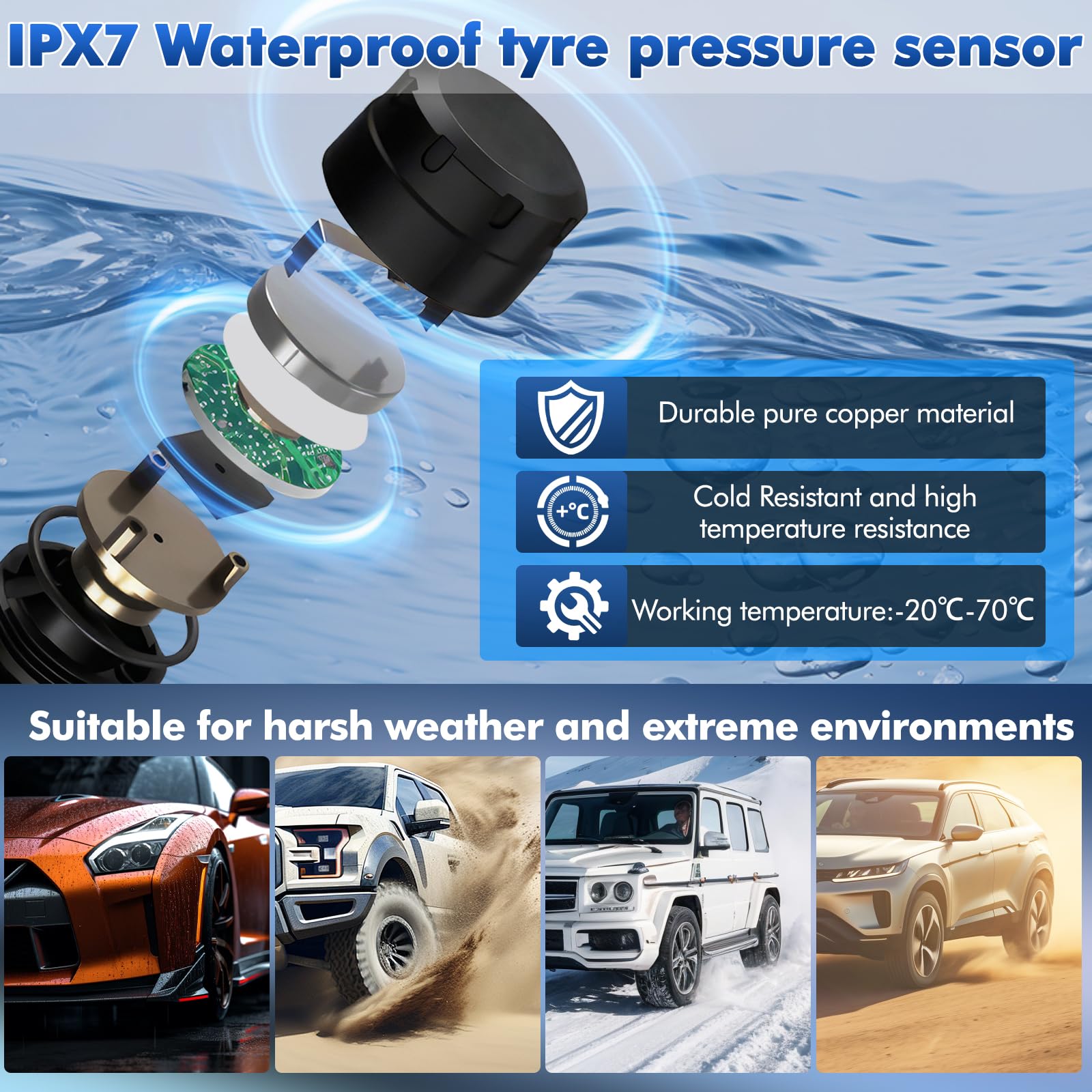 0-5 Bar Sistema di Monitoraggio della Pressione dei Pneumatici TPMS, Solare Wireless e Ricarica USB, 5 modalità di Allarme, 4 Gomme Sensori Esterni, Gamma, Universale per Auto SUV Camper