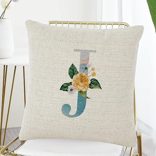 Miniatura 6 de Throw Cushion Cover Case Marble Yellow Floral Monogram Initial Letter J Decorative Pillow Cover Cotton Linen Square Lumbar Pillow Case for Couch Bed