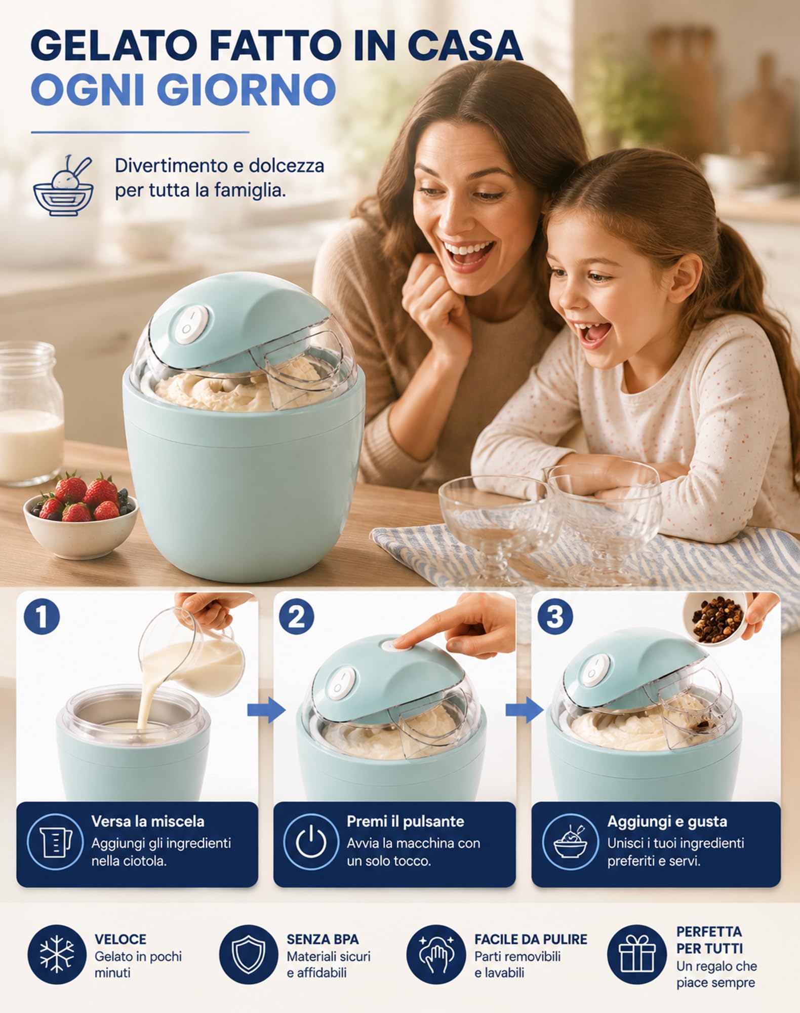 Gelatiera GelatoVivo, Gelato in Pochi Minuti, Non Serve Il Ghiaccio，Azzurro