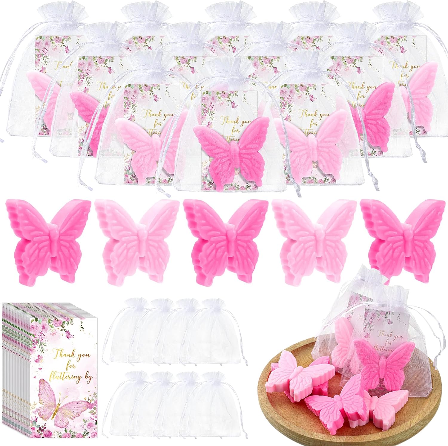 Dunzy 100 Stes Pink Butterfly Baby Shower Favor Bulk Butterfly Soap Favors with Thanks for Fluttering by Inspirational Cards Guests Gift Bags Return Gift Gender Reveal Party Favor for Wedding Bridal