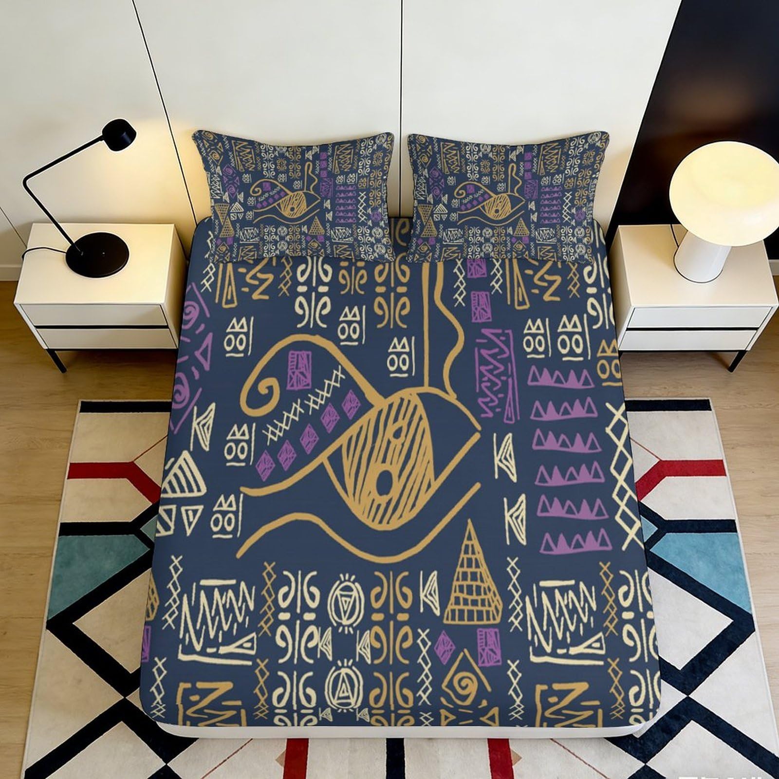 Pnayamiorkfel Style-2 3D Printed African Tribal Pattern Fitted Sheet Microfiber Soft Breathable Abstract Symbol Mattress Cover For Bedroom Decor 90X200x25cm