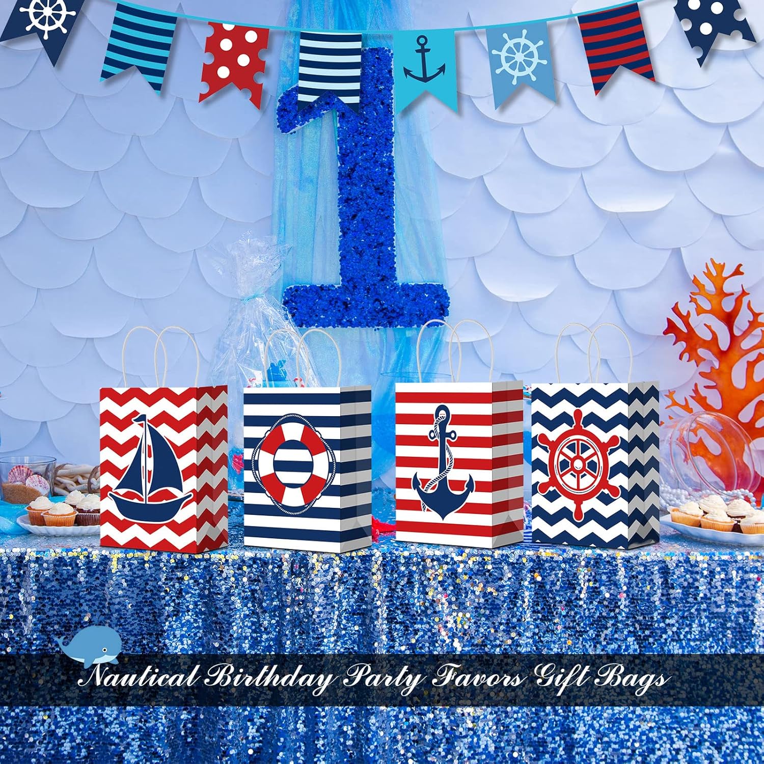 Nezyo 24 Pcs Nautical Party Gift Bags Nautical Candy Anchors Goody Treat Bags with Handles Party Decoration for Themed Birthday Party Supplies