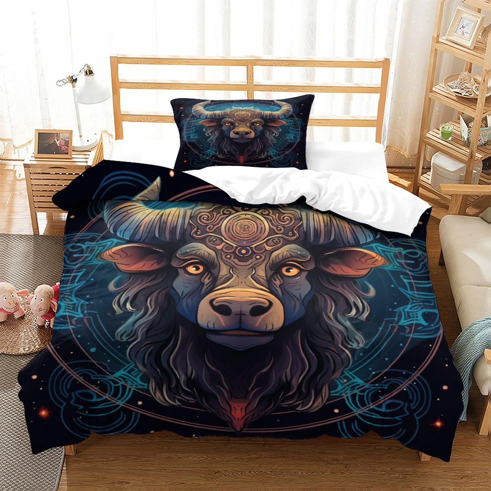P1S9U7W5Y 3D Printed Mystic Bull Pattern Duvet Cover Set 3 Pieces Soft Microfiber Bedroom Bedding Set for Home Decor Single（135x200cm）