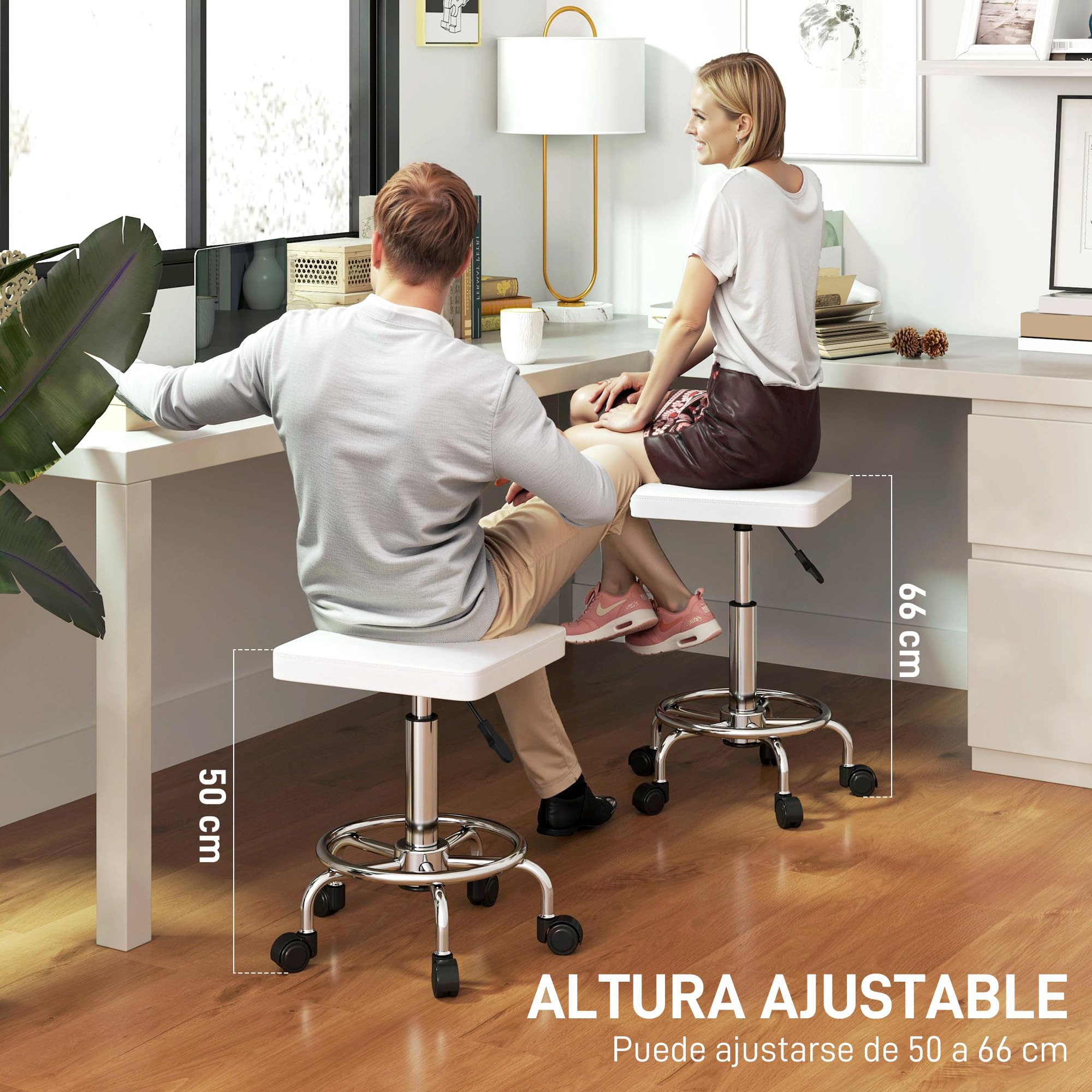 HOMCOM Taburete Giratorio Taburete con Ruedas Altura Regulable 50-66 cm Asiento Tapizado de Cuero Sintético Reposapiés para Salones y Talleres Blanco