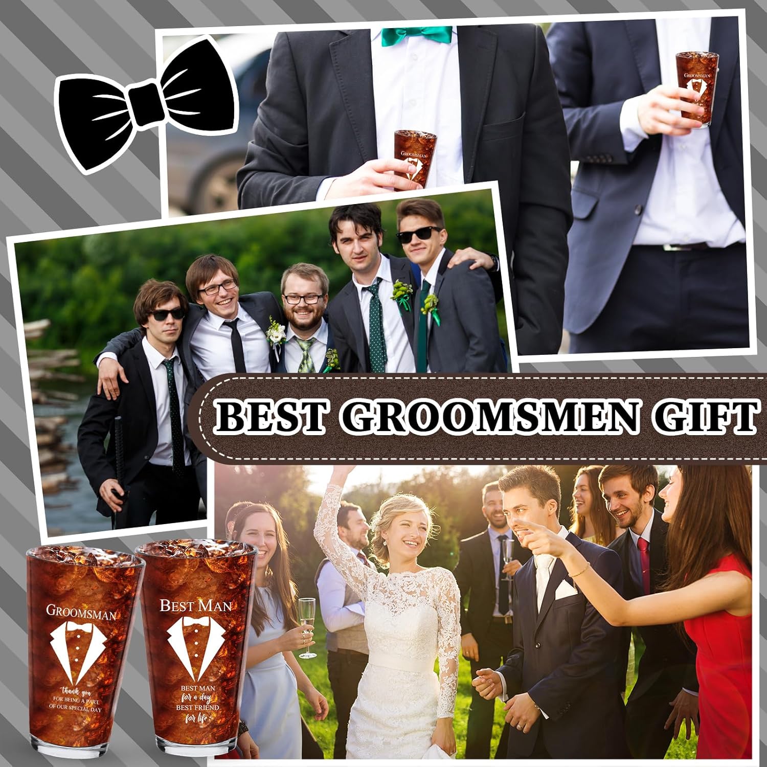 Amylove 7 Sets Groomsmen Gifts Set Wedding Proposal Gift 16 oz Beer Glass Cup Toiletry Bag and Bottle Opener Cap for Best Man PU Leather Cosmetic Bags with Zipper Greeting Card for Wedding (Brown)