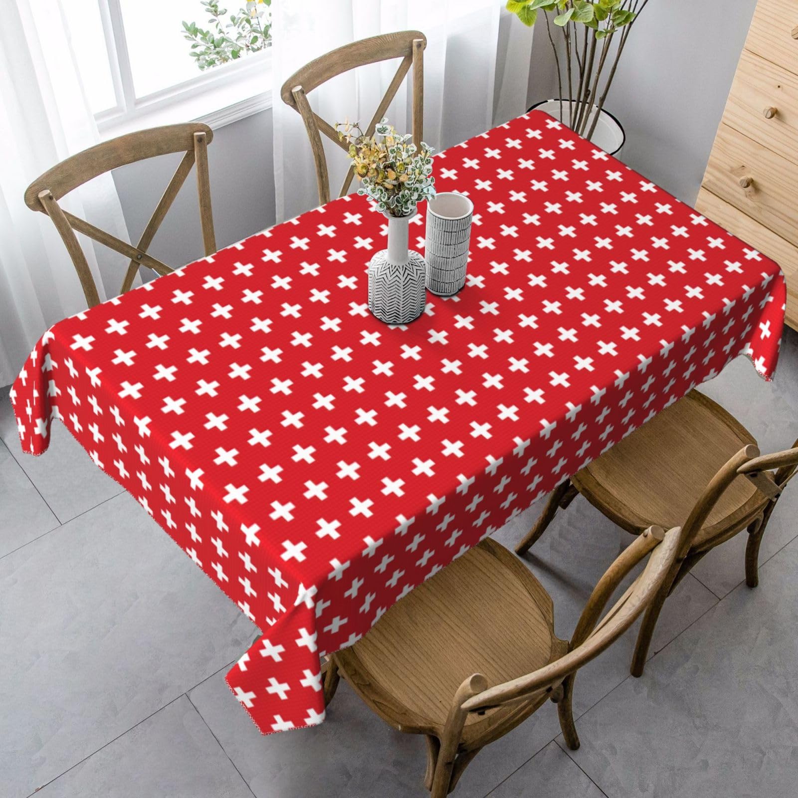 Yyoretp Black Stylish Rectangular Swiss Flag Print Washable Tablecloth For Wedding Party Kitchen Dining Decorative